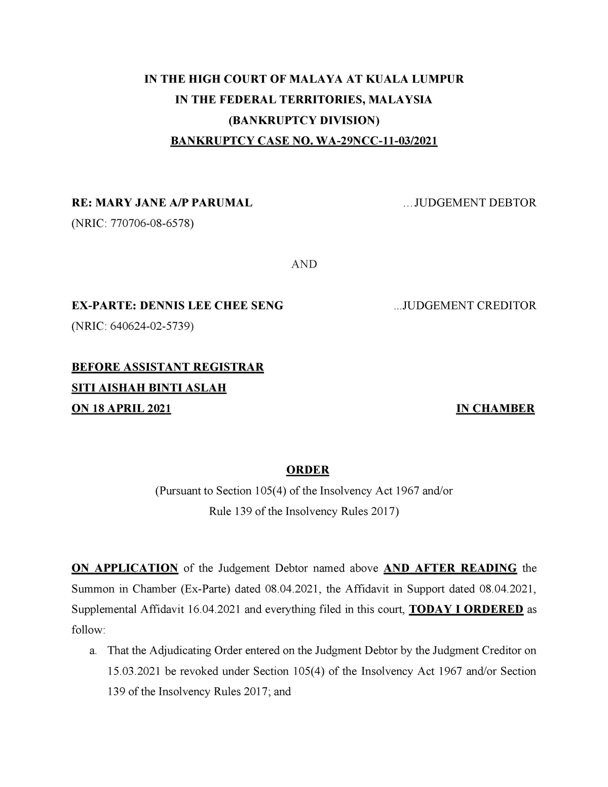 Example of Court Order in Term (Cause Paper) IN THE HIGH COURT OF