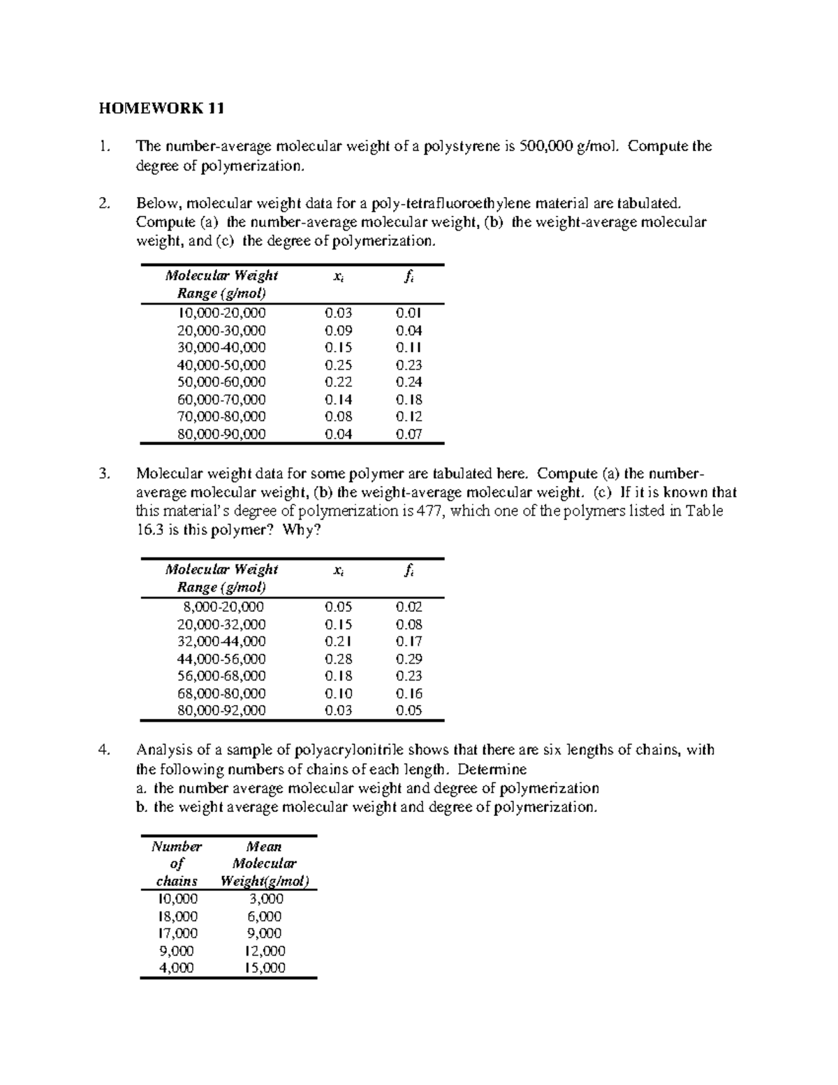 Homework 11 - HOMEWORK 11 1. The molecular weight of a polystyrene is ...