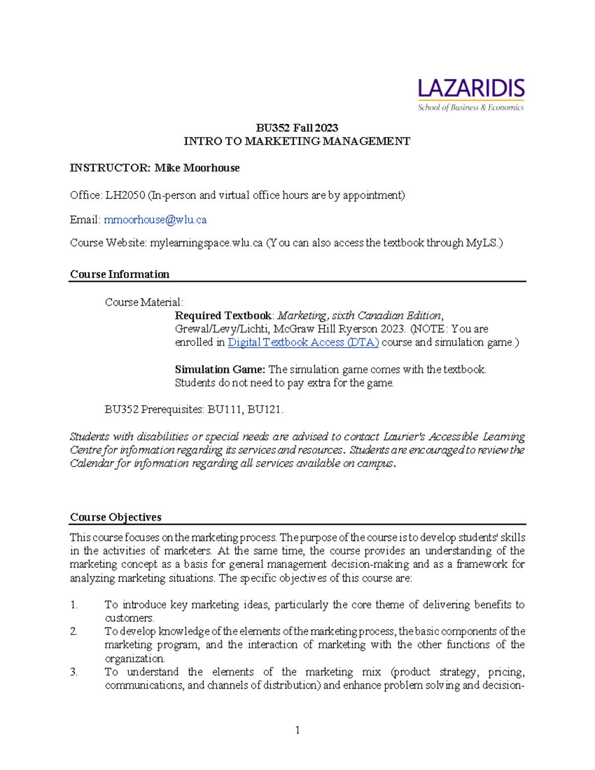 BU352 Course Outline- Fall 2023 MM - BU352 Fall 2023 INTRO TO MARKETING ...