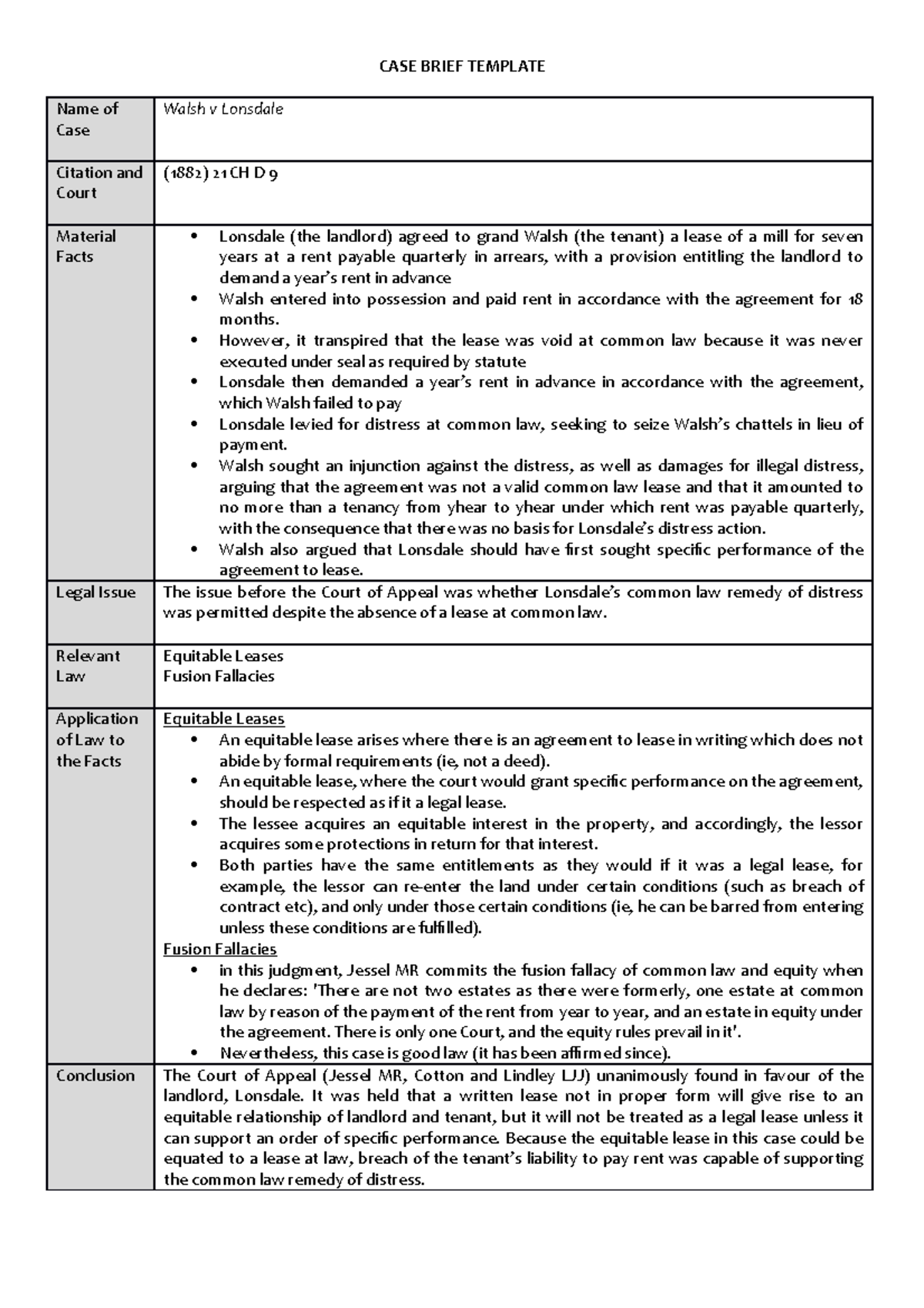 Case Brief Template Rulings For Citation And Court - CASE BRIEF ...