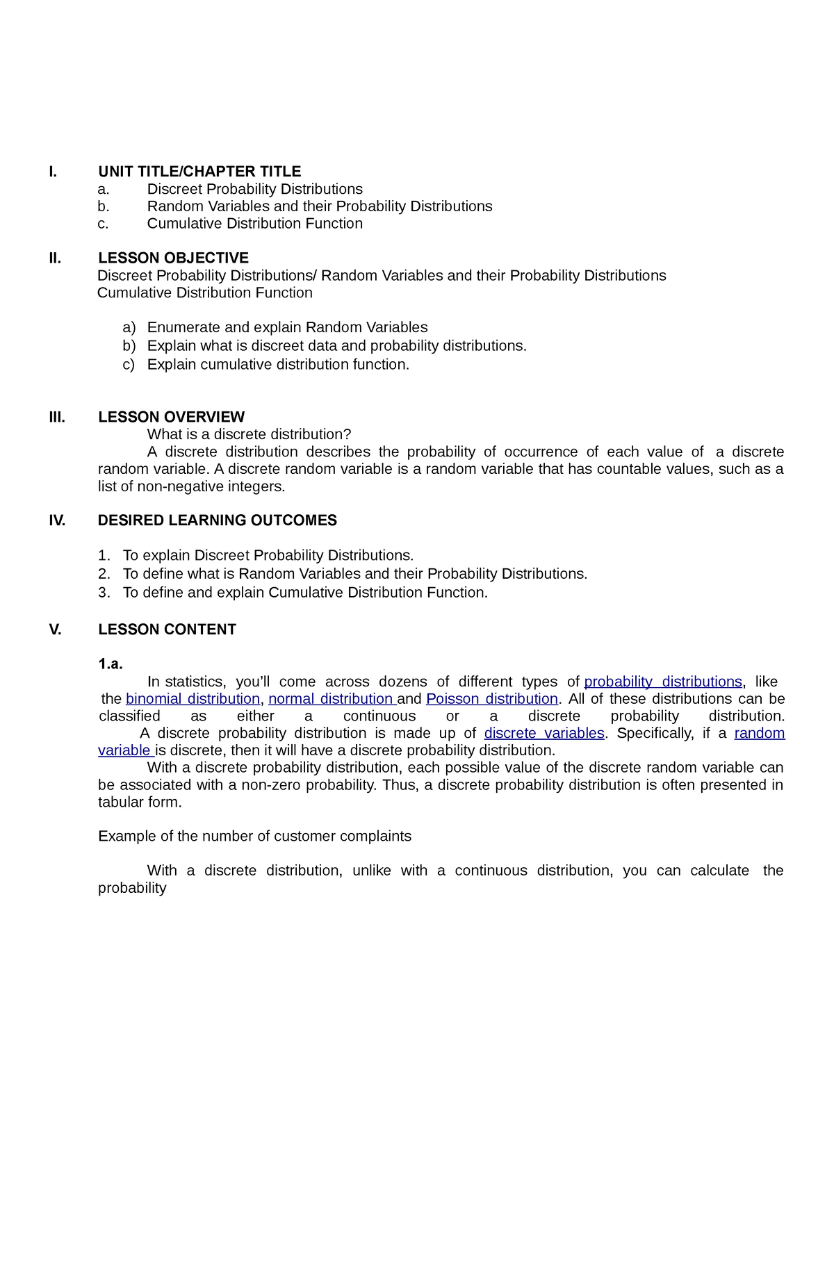 Module Discreet Probability Distributions I Unit Title Chapter