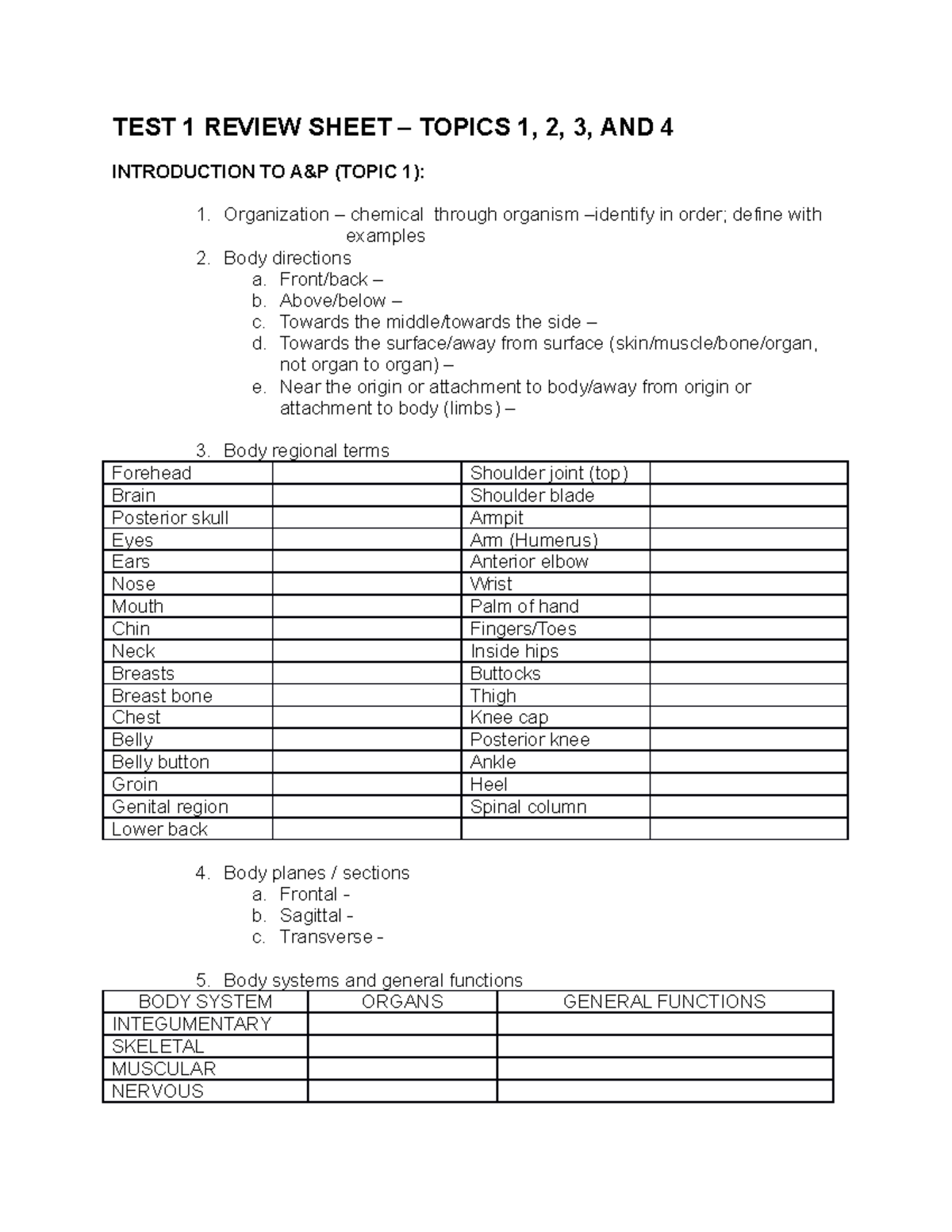 BSC 2085 TEST 1 Review Sheet - TEST 1 REVIEW SHEET – TOPICS 1, 2, 3 ...