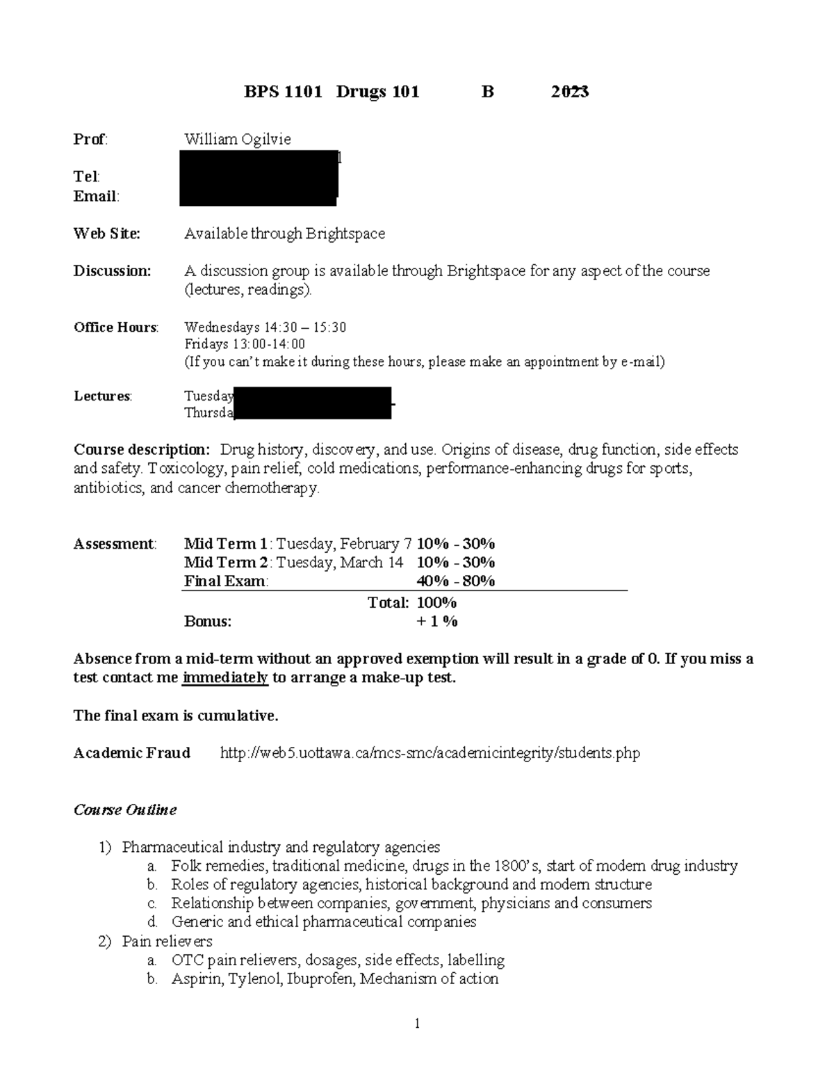 BPS 1101 B Course Outline 2023 - 1 BPS 1101 Drugs 101 B 2023 Prof ...