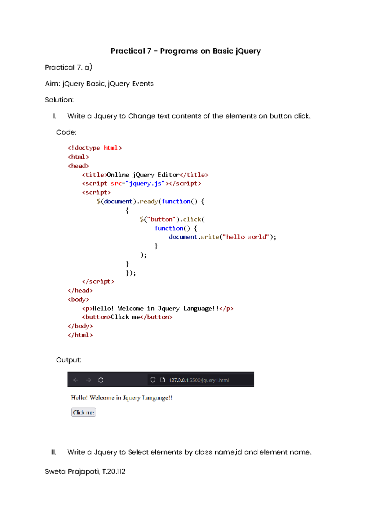 Jquery T2011 2 - Practical 7 - Programs on Basic jQuery Practical 7. a ...