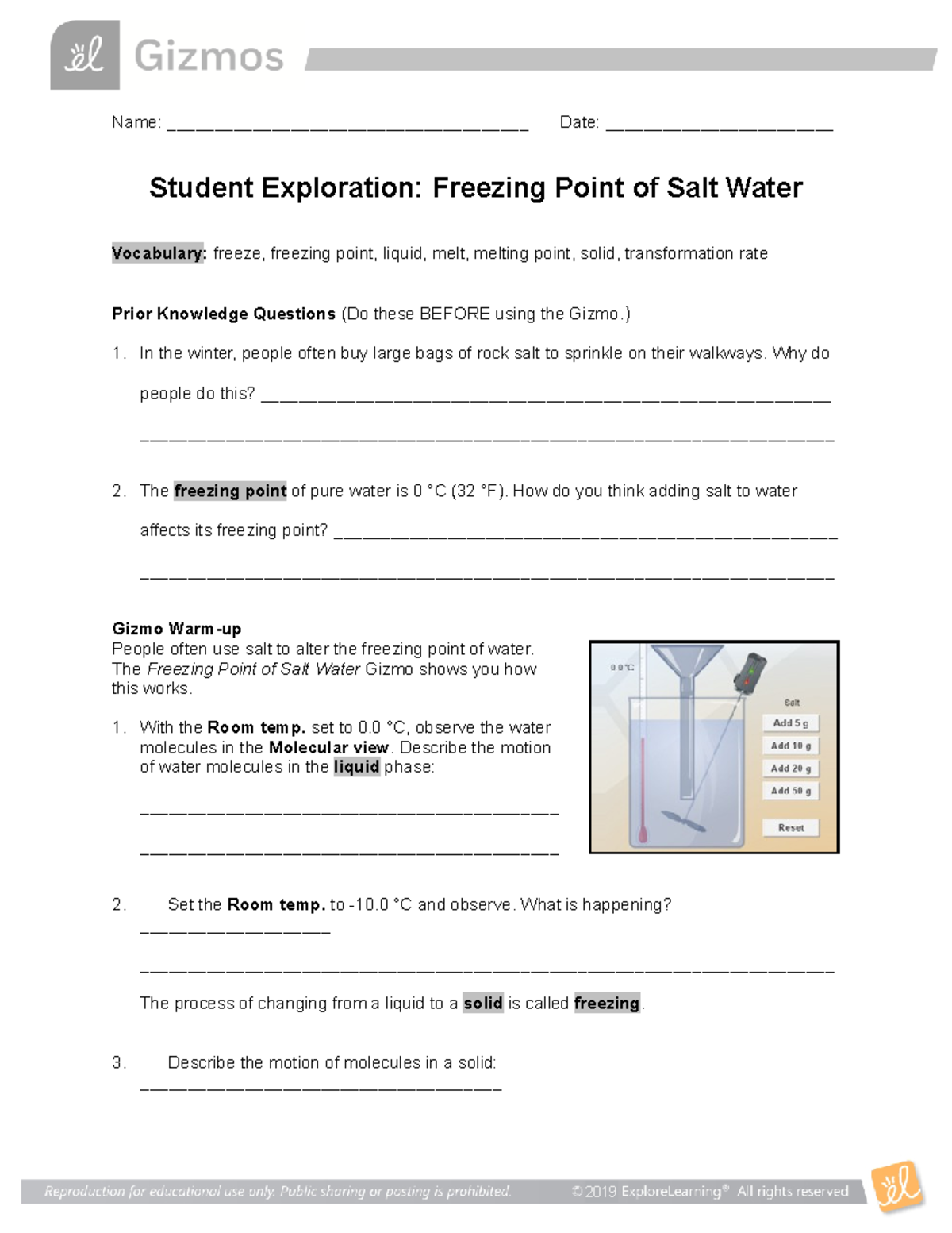 Freezing Salt Water SE - worksheet - Name ...