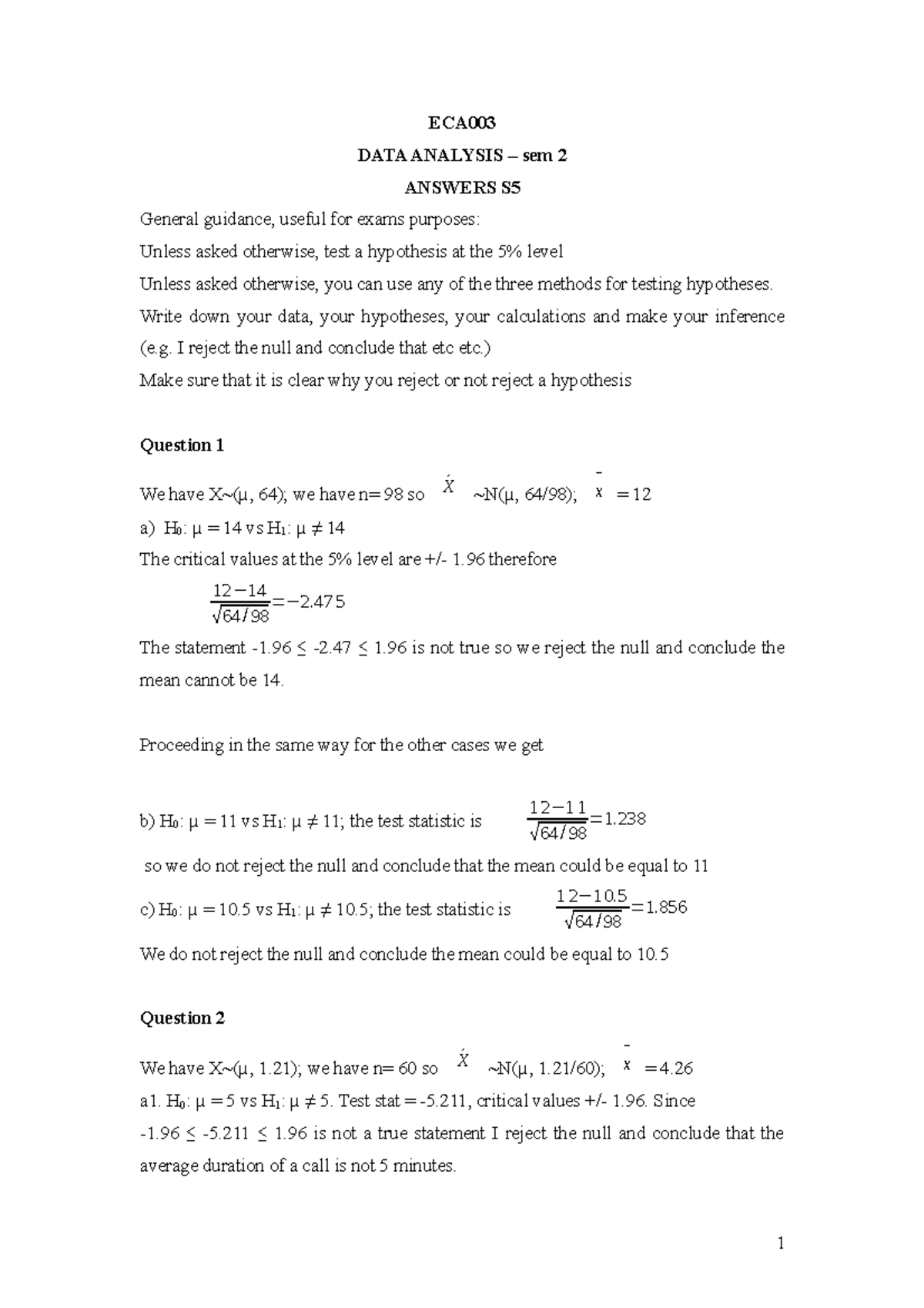 Solutions S5 - answers - ECA DATA ANALYSIS – sem 2 ANSWERS S General ...