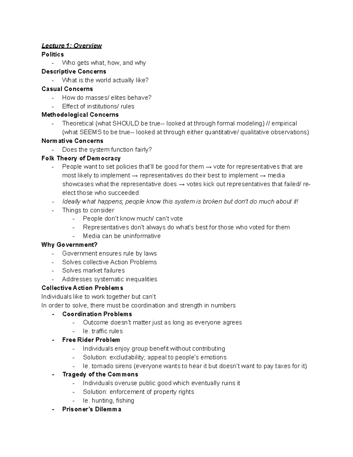 PS 1 Final Review - PS 1 Notes - Lecture 1: Overview Politics - Who ...