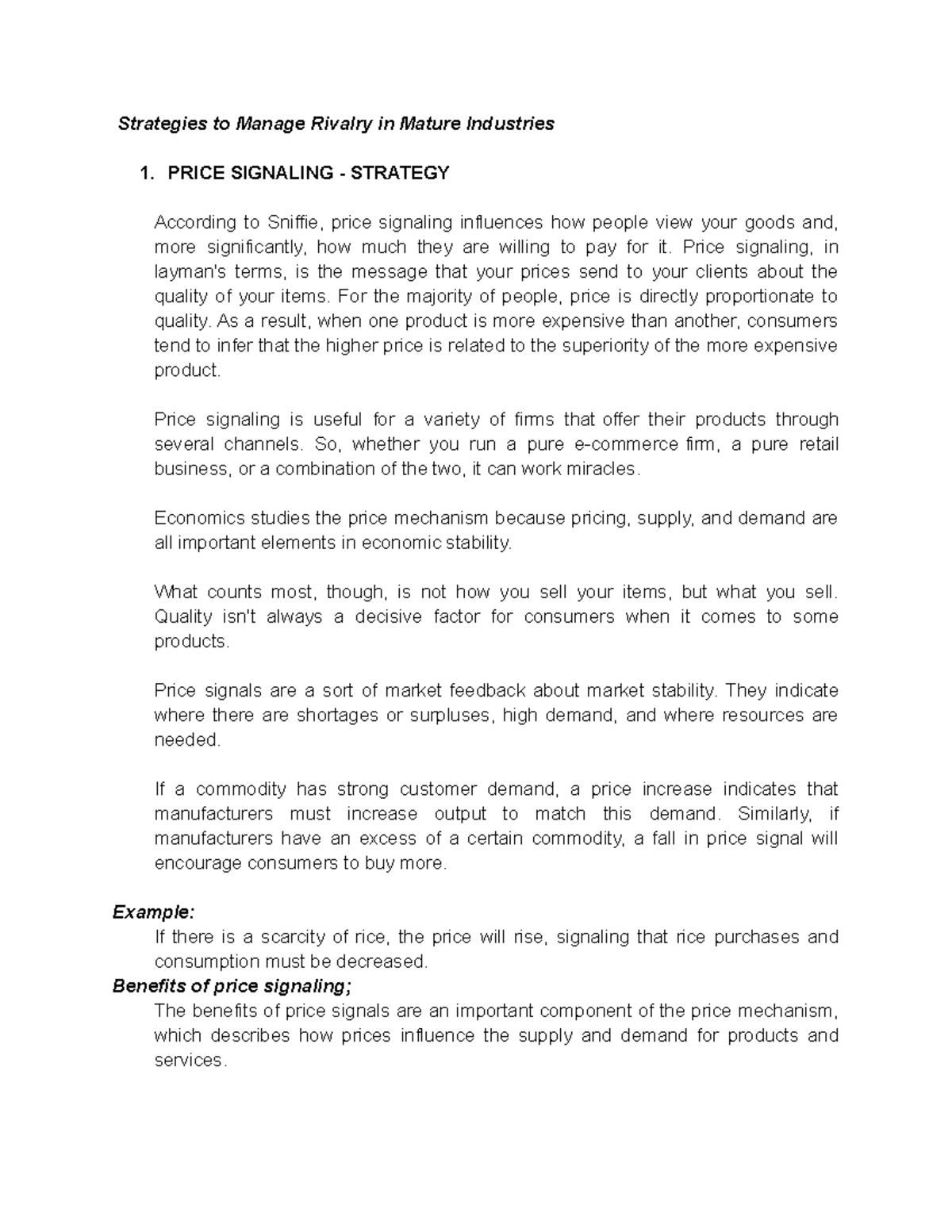 Strategies to Manage Rivalry in Mature Industries PRICE SIGNALING