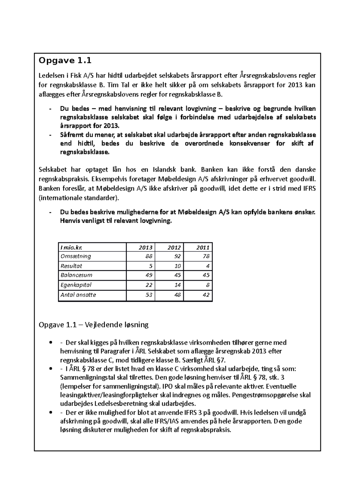 Opgave 1.1 - Regnskabsklasser - Opgave 1. Ledelsen I Fisk A/S Har ...