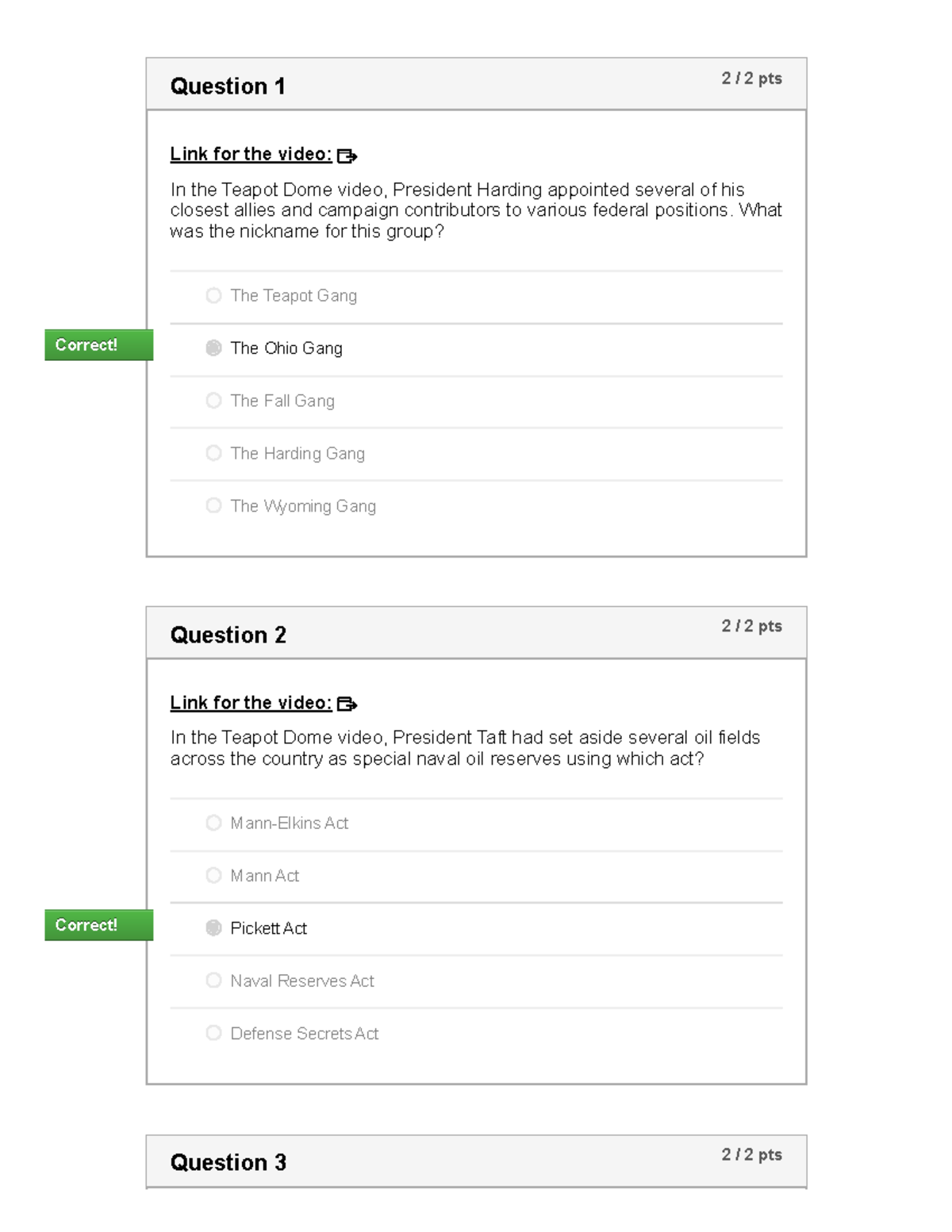 Part VII VIII Video Quiz 7 Teapot Dome Jack Stauber1 Question 1 2 /