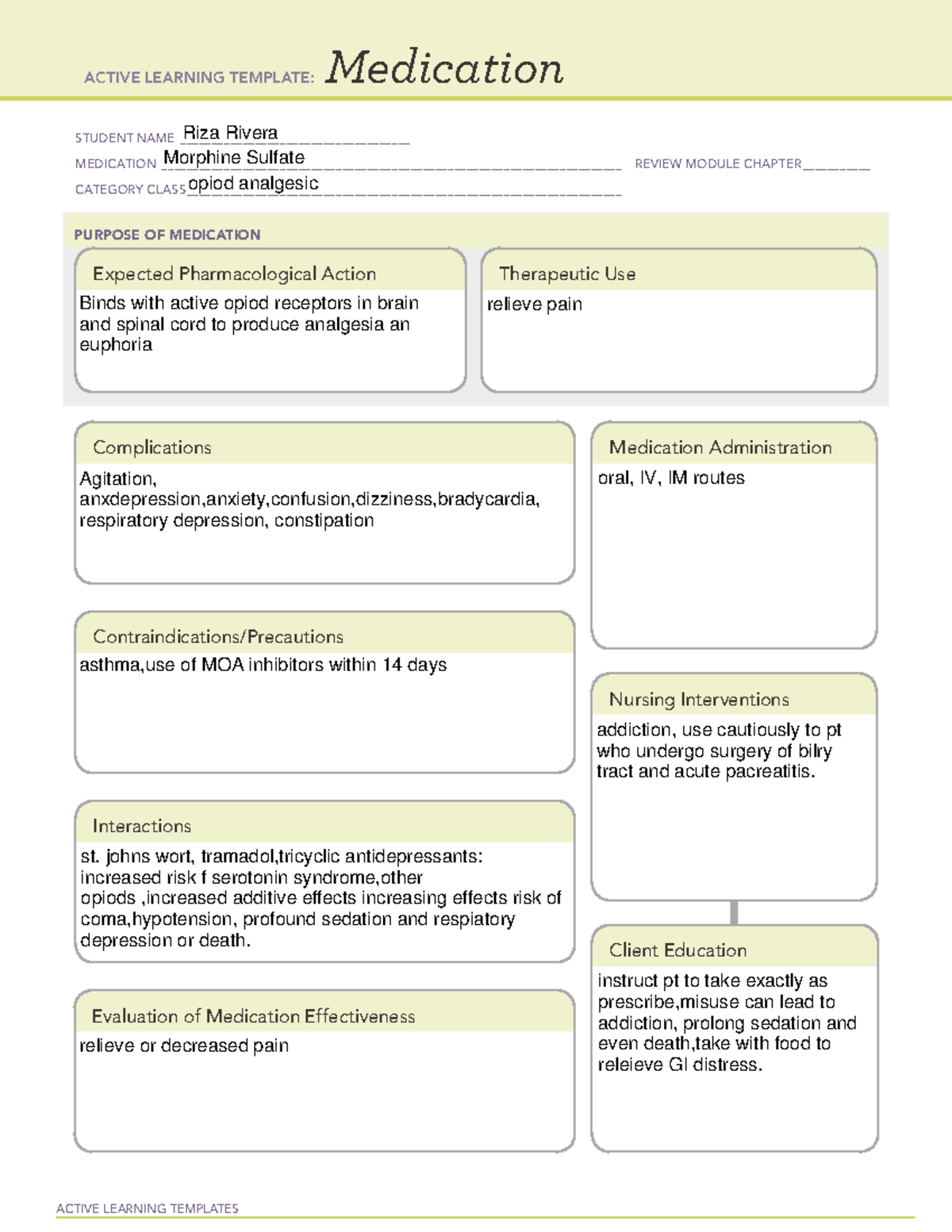 Morhine sulfate - labs medication cards - ACTIVE LEARNING TEMPLATES ...