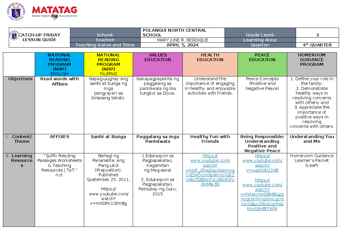 Grade 3 Catch UP April 5,2024 - CATCH-UP FRIDAY LESSON GUIDE School ...