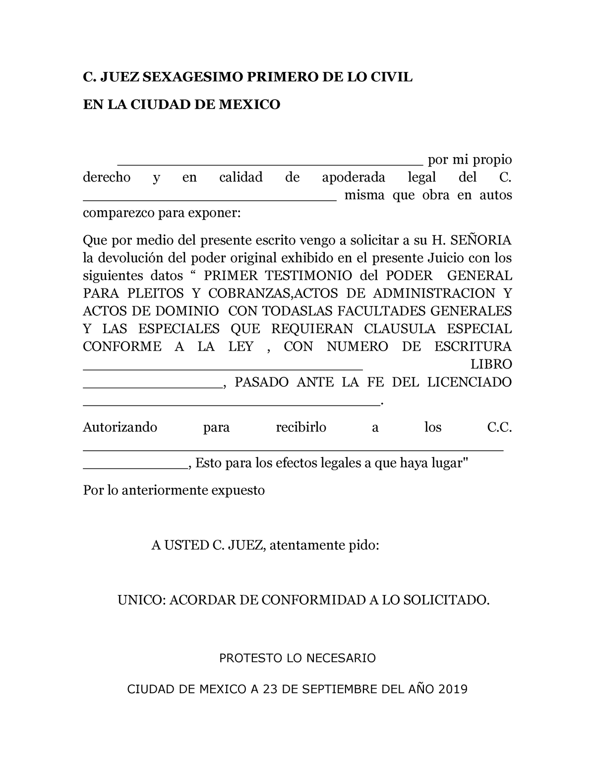 Escrito De Devolucion De Poder Notarial C Juez Sexagesimo Primero De Lo Civil En La Ciudad De 7763