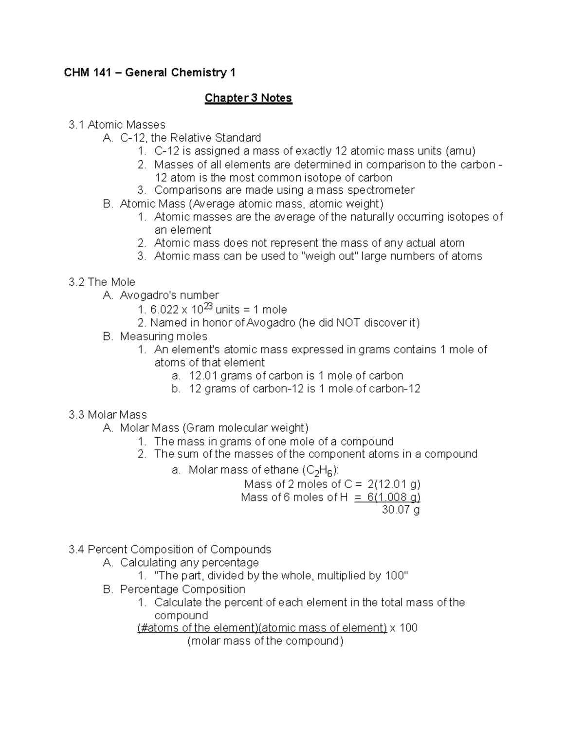 Chem 141 - Chapter 3 Notes - CHM 141 – General Chemistry 1 Chapter 3 ...