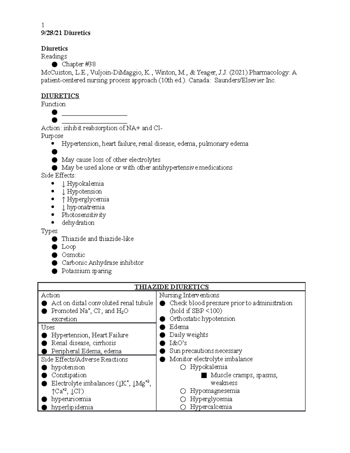 Diuretics - Pharm Notes - 1 9/28/21 Diuretics Diuretics Readings ...