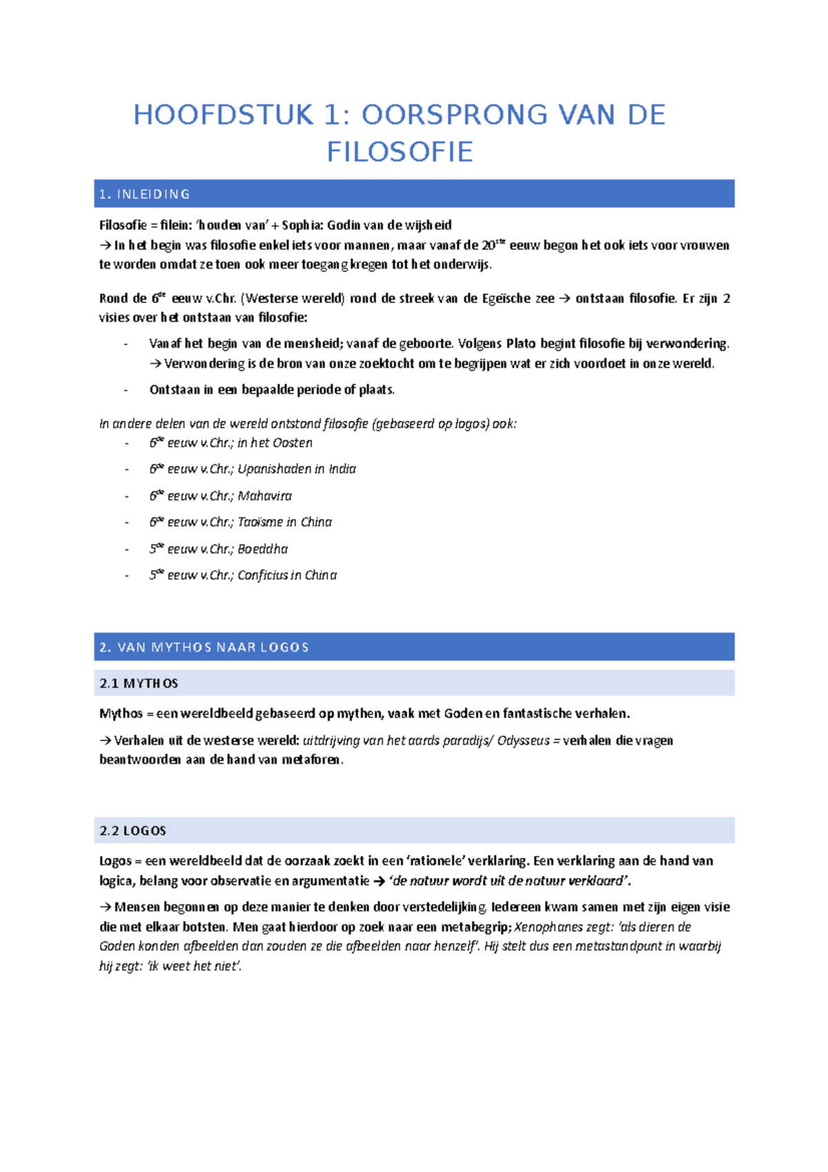 Filosofie Handige Samenvatting - HOOFDSTUK 1: OORSPRONG VAN DE ...