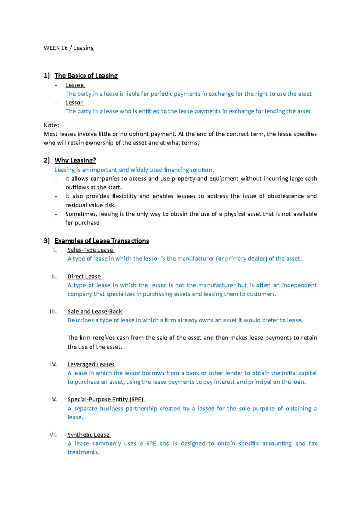 WEEK 16 - Leasing Corporate Finance - WEEK 16 / Leasing 1) The Basics ...