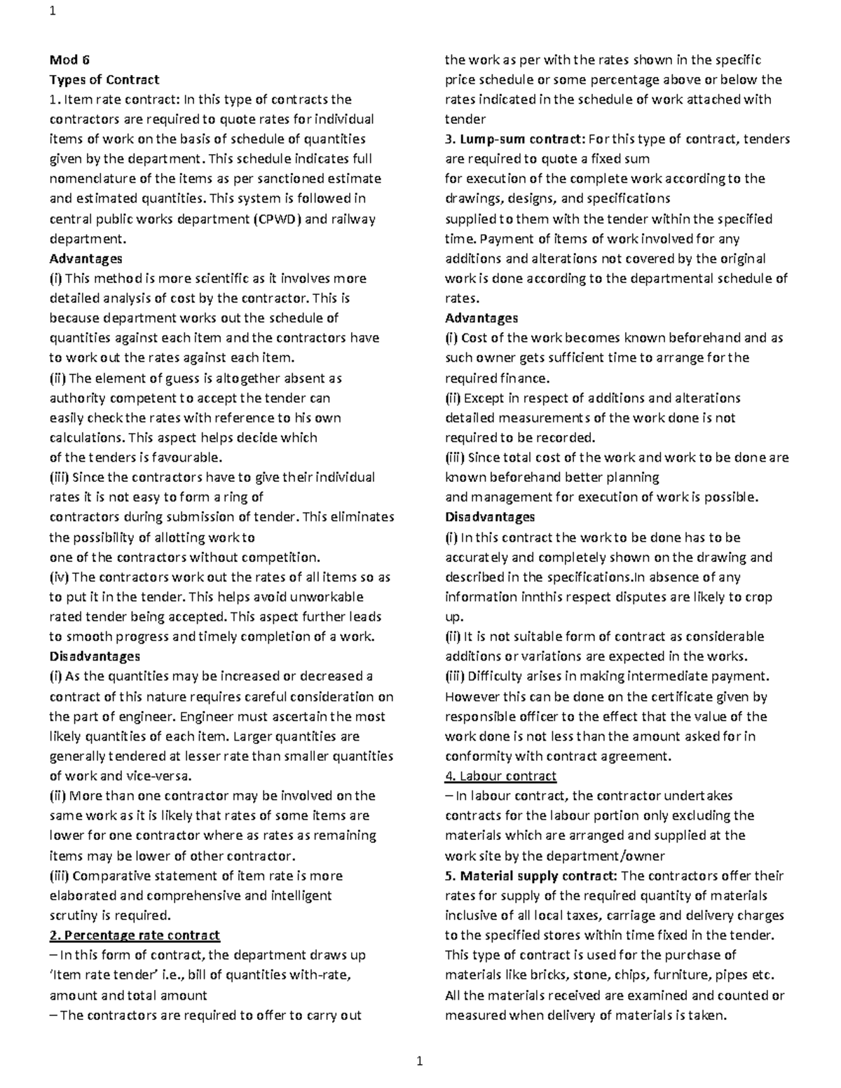 Cepm bit short notes for revision Mod 6 Types of Contract Item rate