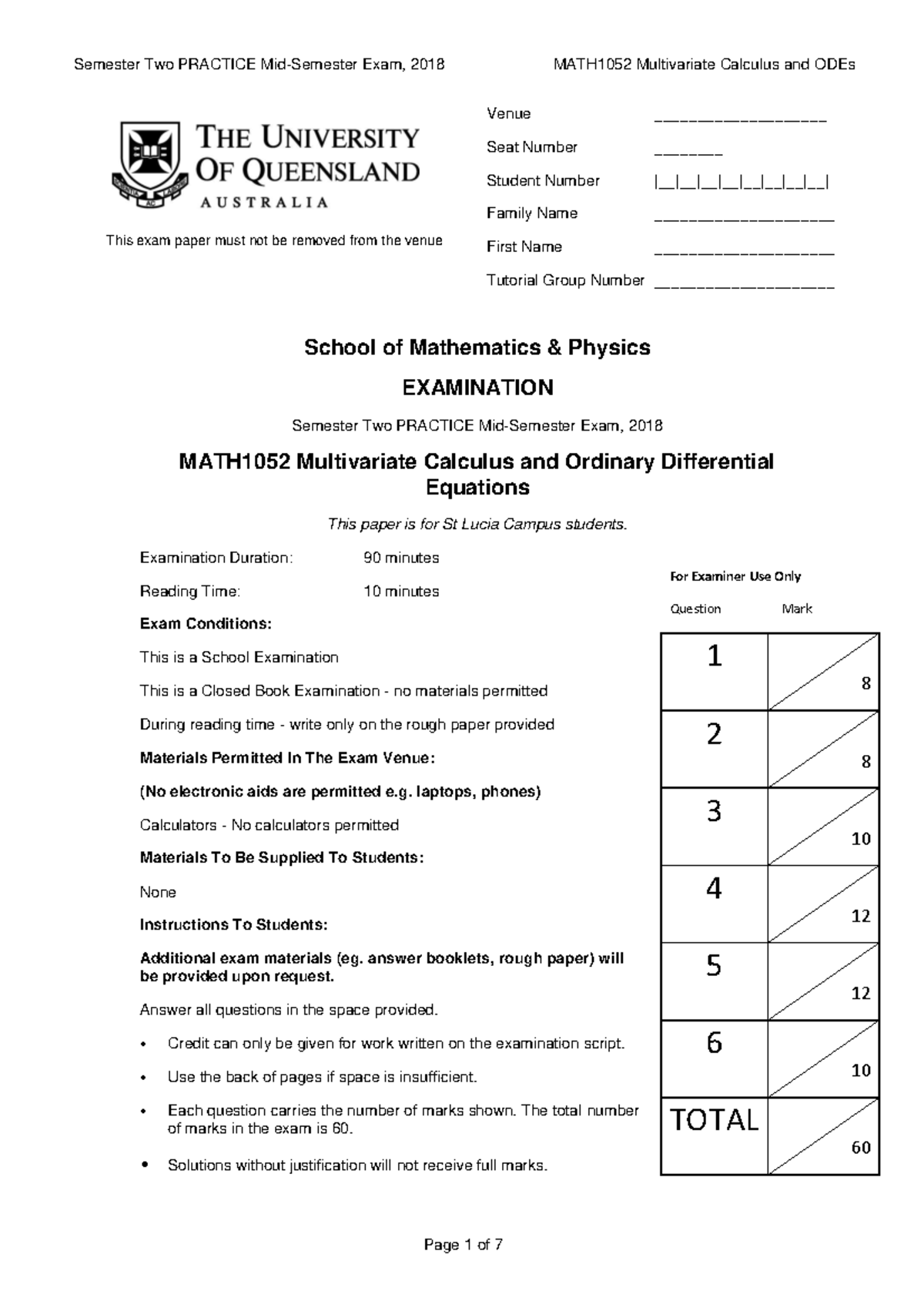 Sample/practice exam - Semester Two PRACTICE Mid-Semester Exam, 2018 ...