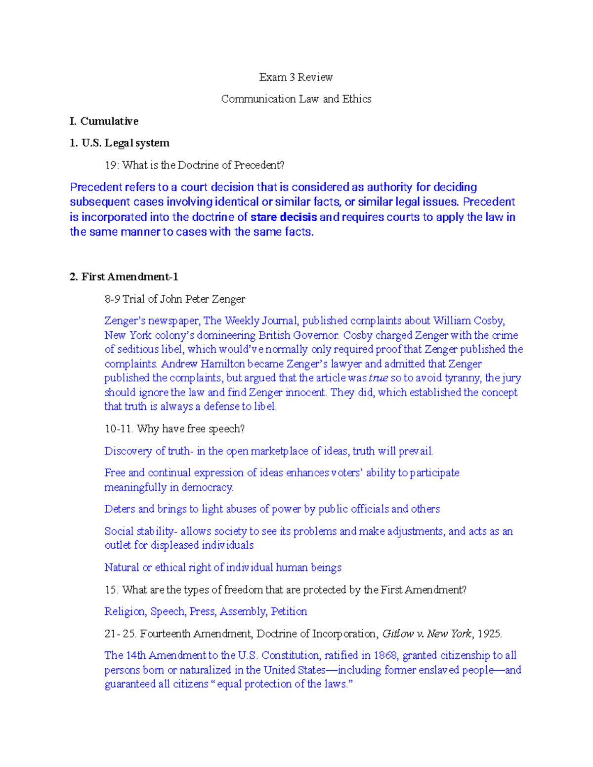 Exam 3 Review - Notes for final exam - Exam 3 Review Communication Law ...