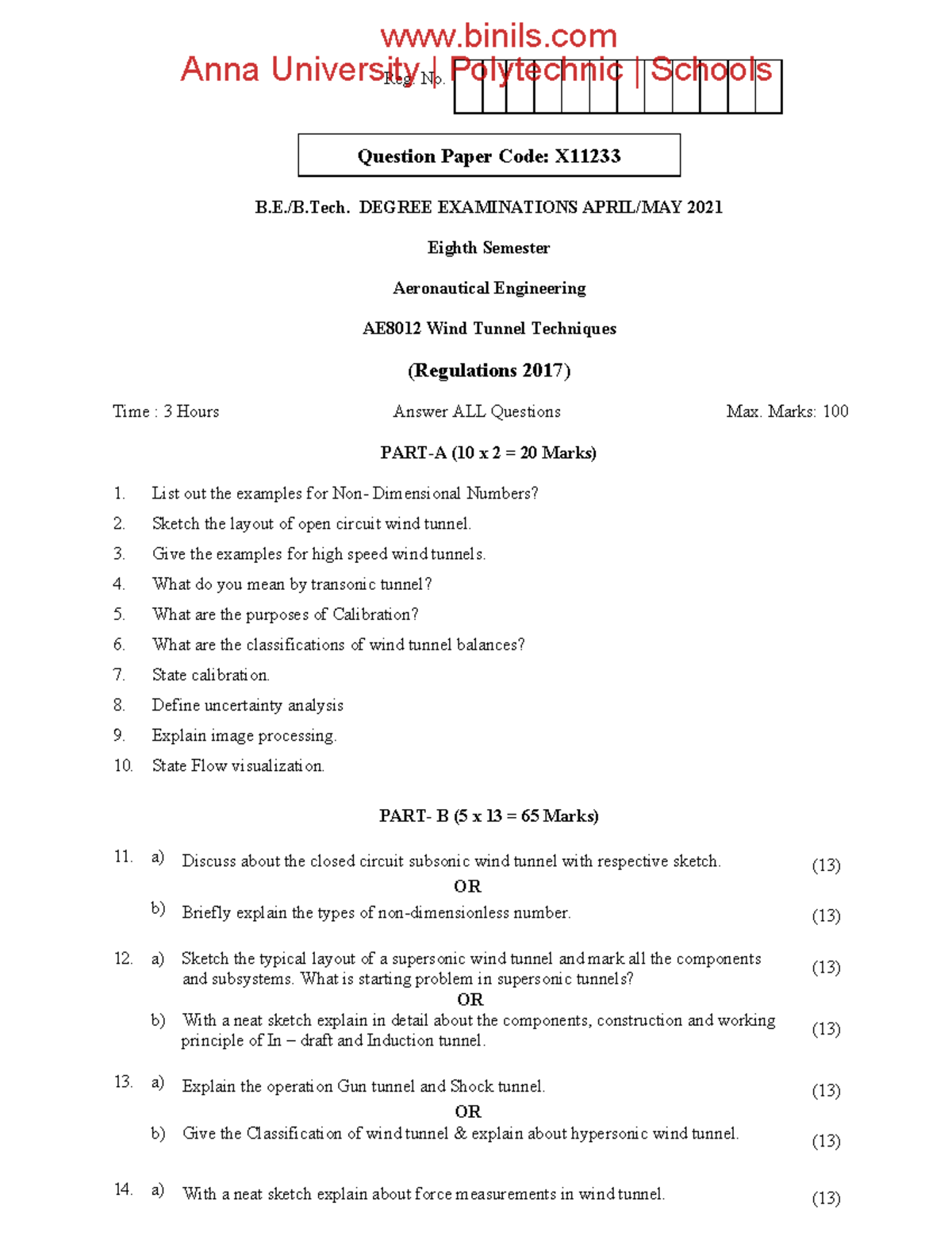 X11233 AE8012 Watermark - Reg. No. Question Paper Code: X B.E./B ...