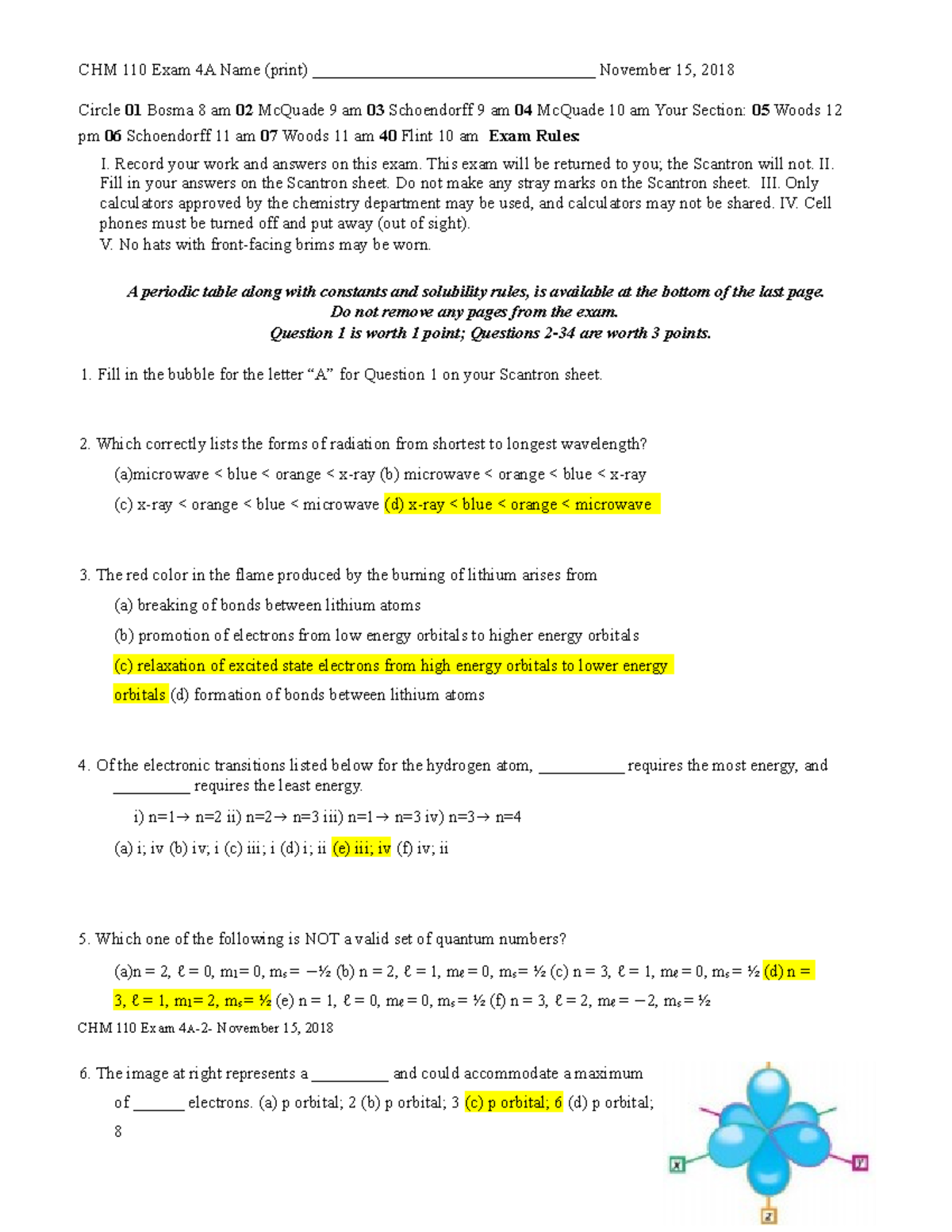 CHM 110 Exam 4 Fall 2018-2019 - CHM 110 Exam 4A Name (print