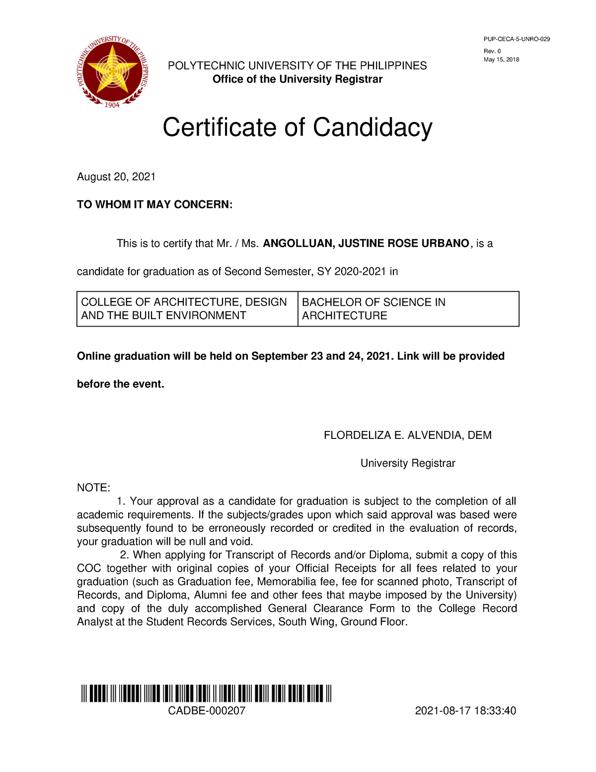 Certificate Of Candidacy 2 Polytechnic University Of The Philippines Office Of The University 8413