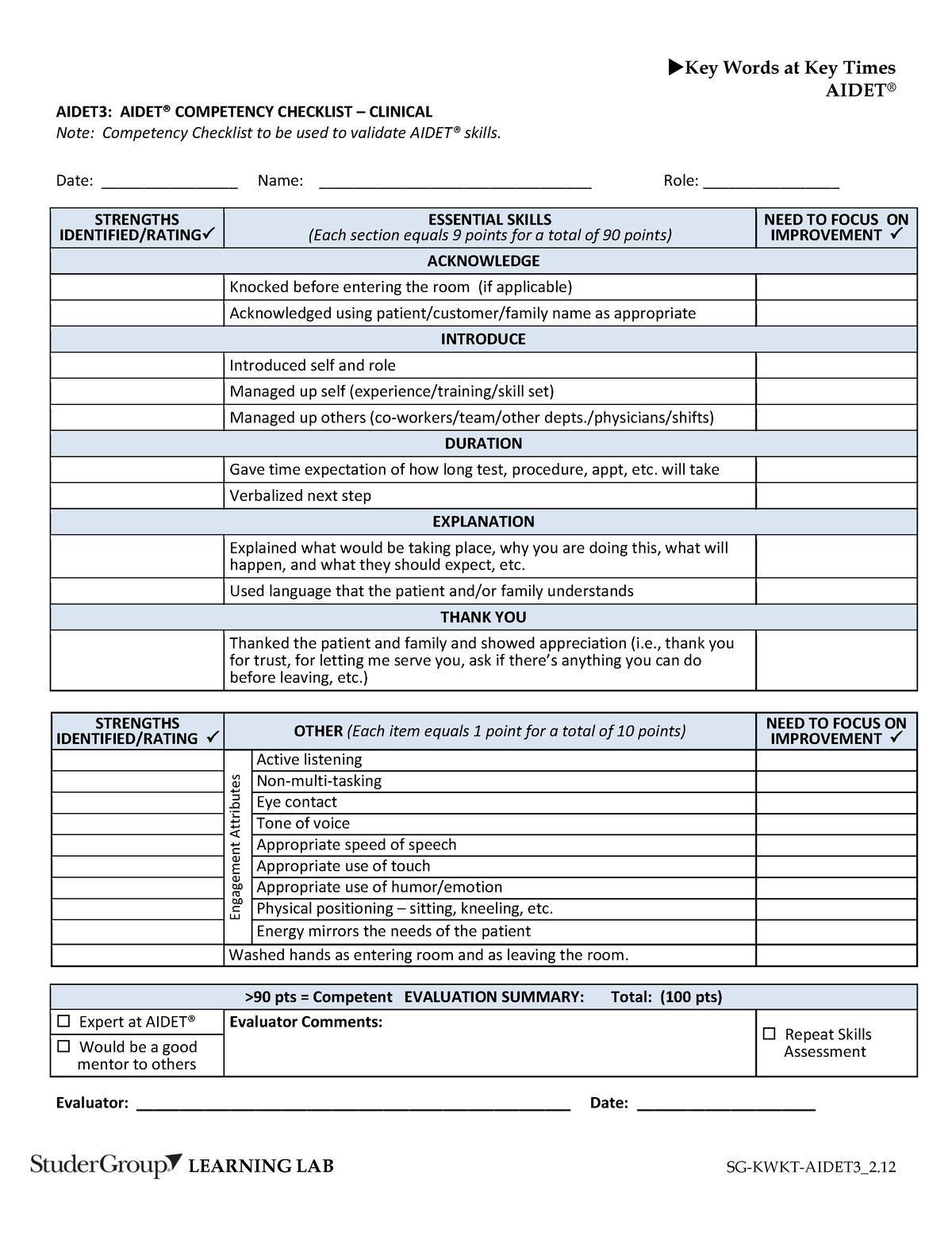 Aidet Competency Checklist - Clinical ( Aidet 3) - Key Words at Key ...