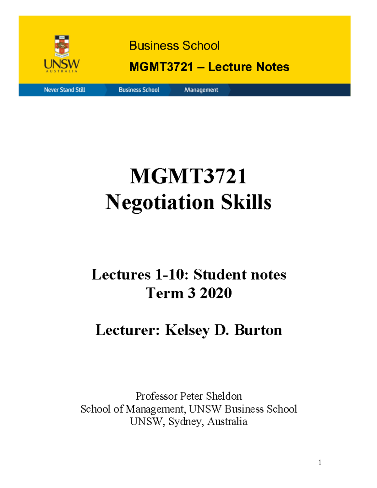 Mgmt3721 Lecture Notes T3 2020 Mgmt Negotiation Skills Lectures 1