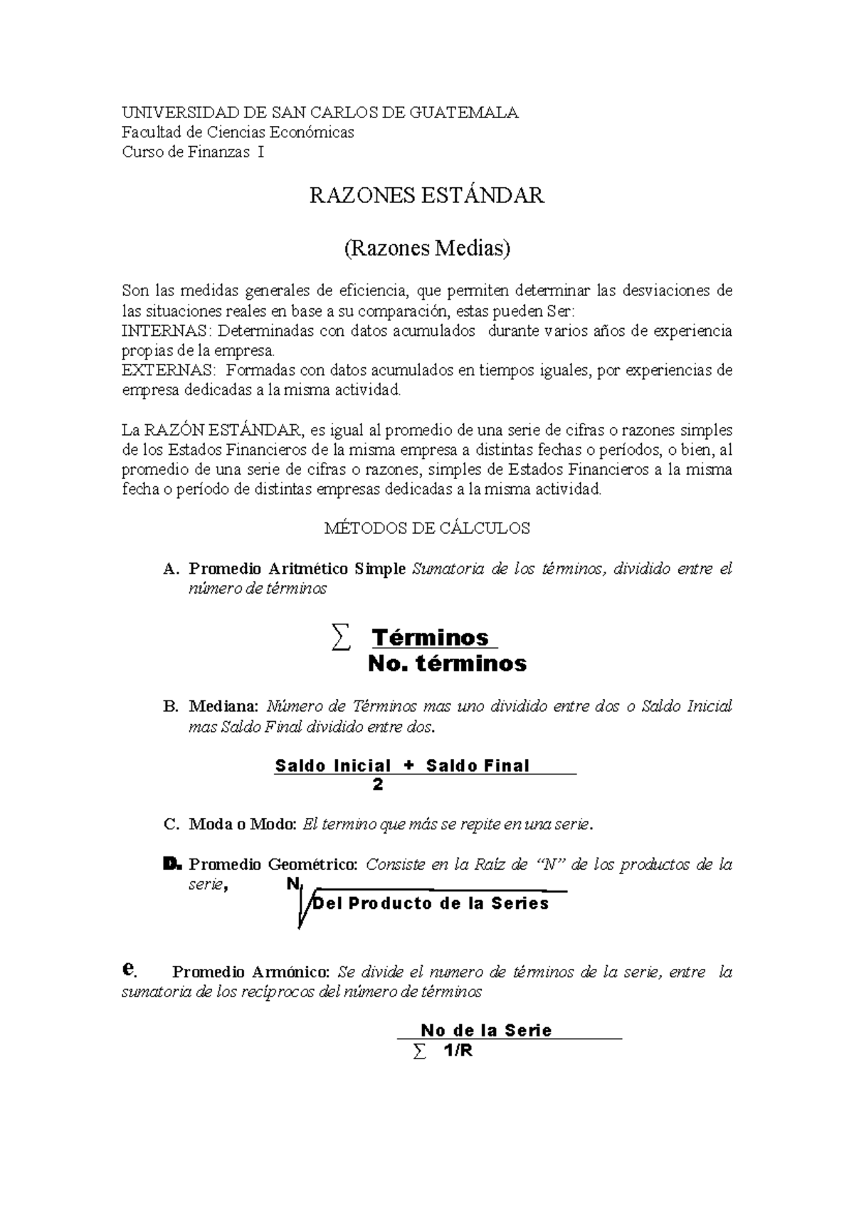 Prontuario De Razones Estándar Universidad De San Carlos De Guatemala