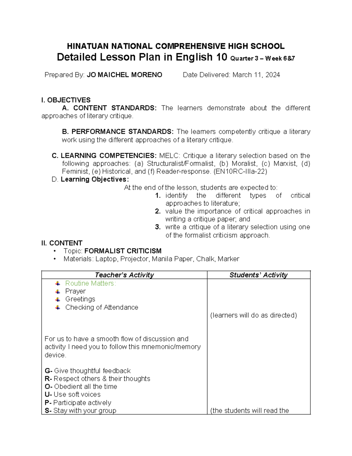 Formalist Criticism Lesson Plan - HINATUAN NATIONAL COMPREHENSIVE HIGH ...