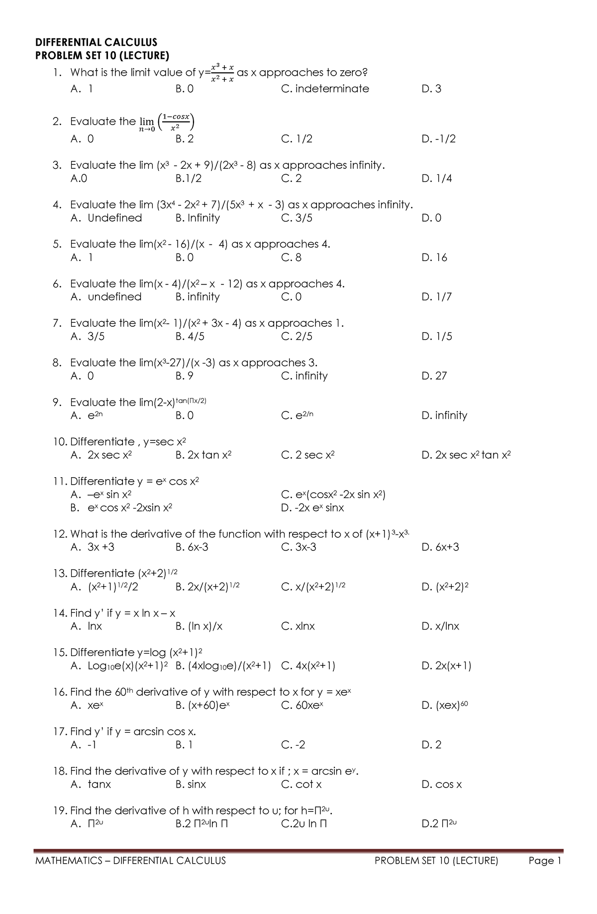 Differential Calculus PS-10( Lecture) - DIFFERENTIAL CALCULUS PROBLEM ...