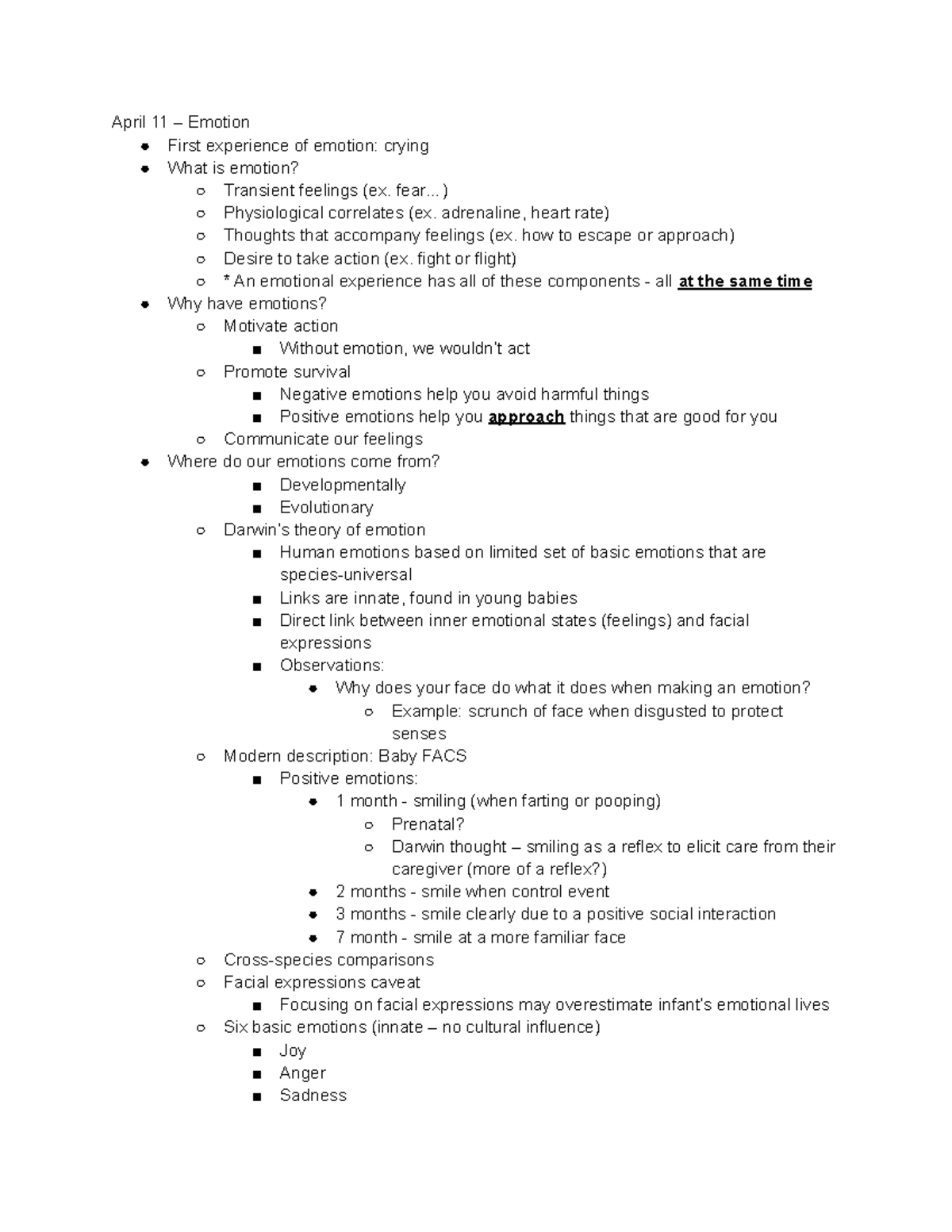 Psych 350 - Exam 3 Notes - April 11 – Emotion First experience of ...