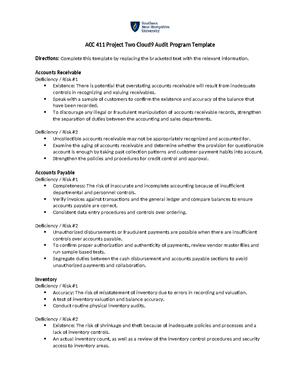 ACC 411 Project Two Cloud 9 Audit Program Template - ACC 411 Project ...