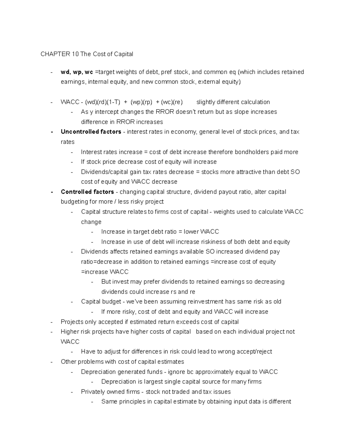 FIN 221 Chapter 10 Notes - CHAPTER 10 The Cost of Capital wd, wp, wc ...