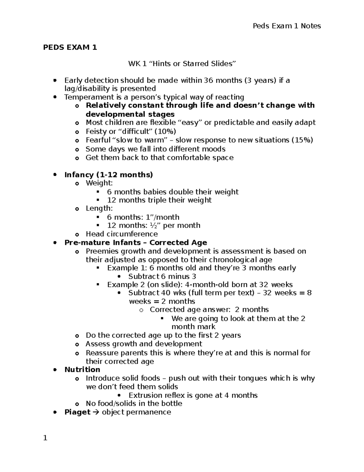 PEDS EXAM 1 Notes Wk1 - PEDS EXAM 1 WK 1 “Hints Or Starred Slides ...