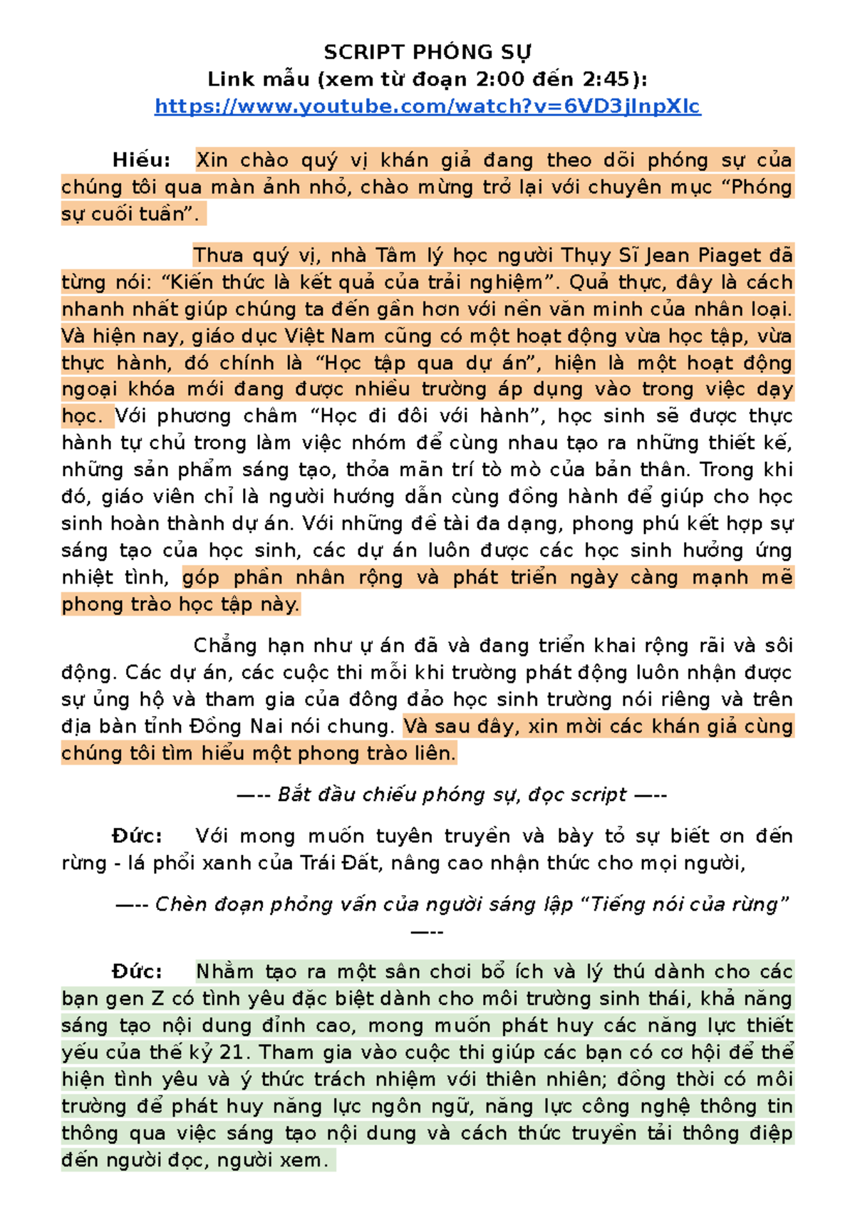 Kịch bản phỏng vấn - SCRIPT PHÓNG SỰ Link mẫu (xem từ đoạn 2:00 đến 2: ...