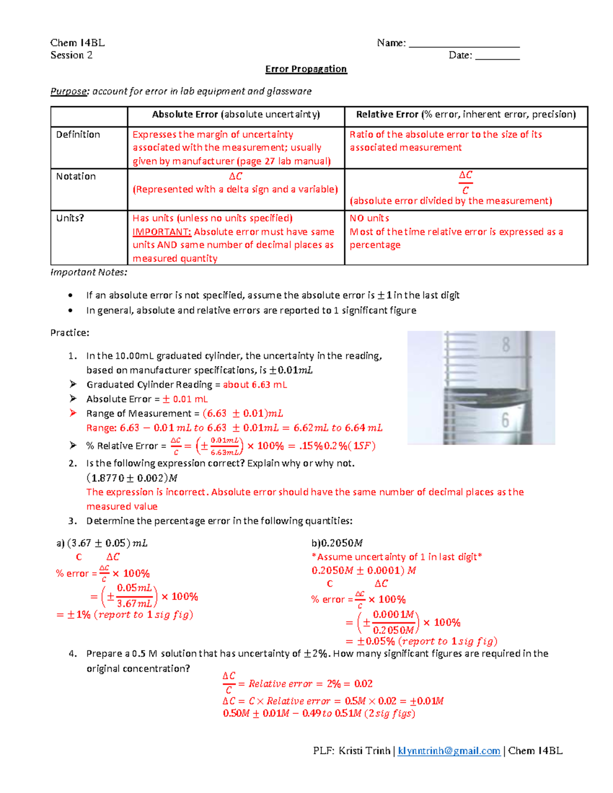 Percent Error Worksheet Answer Key