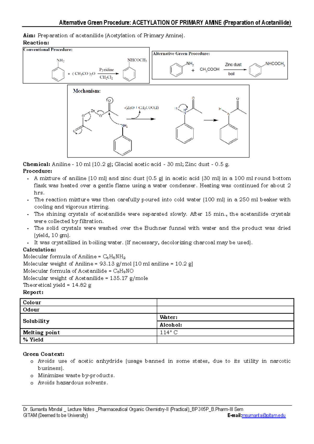 Experiment 7 Acetylation OF Primary Amine (Preparation of acetanilide ...