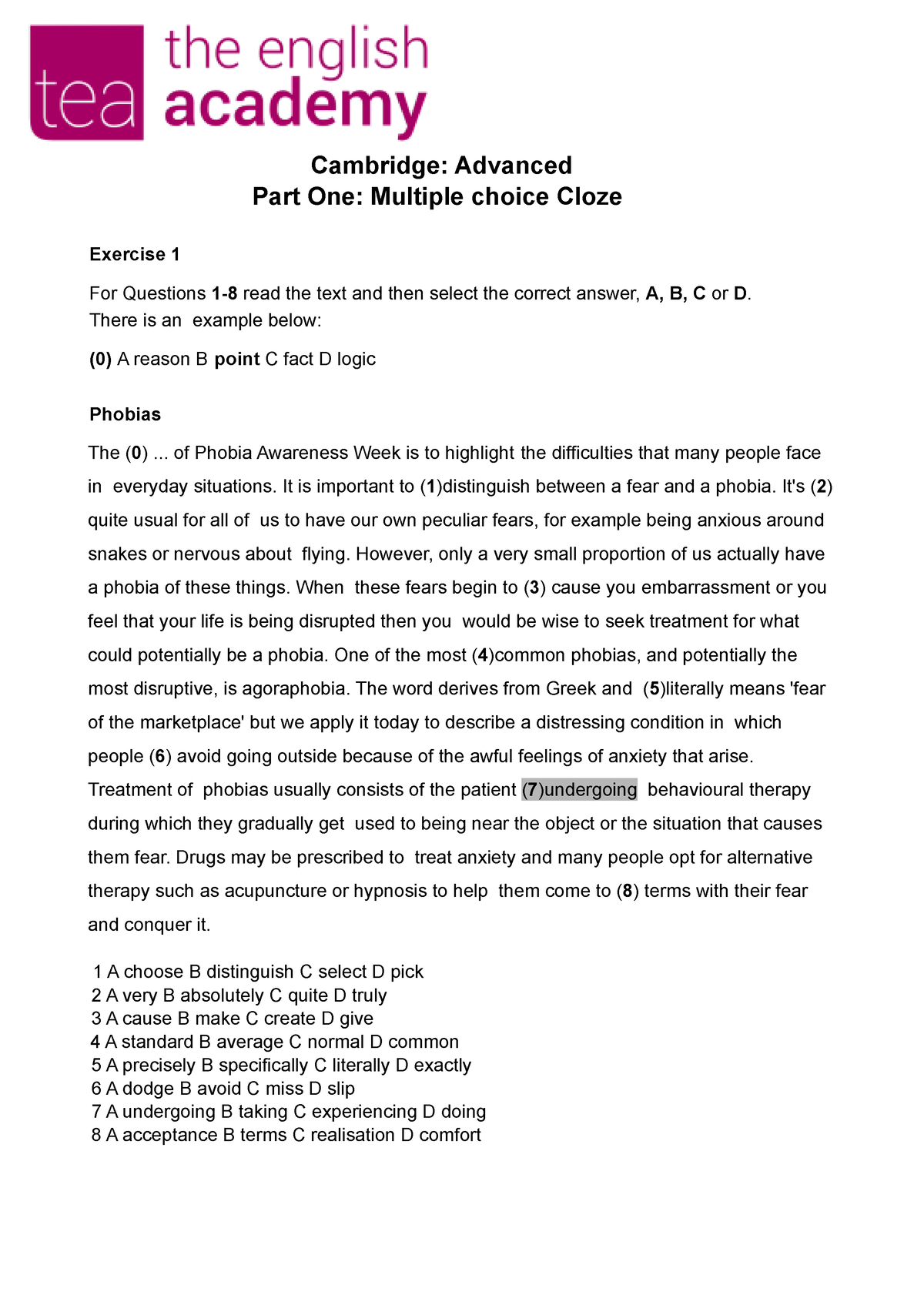 Part 1 Multiple Choice Cloze Practice - Cambridge: Advanced Part One ...