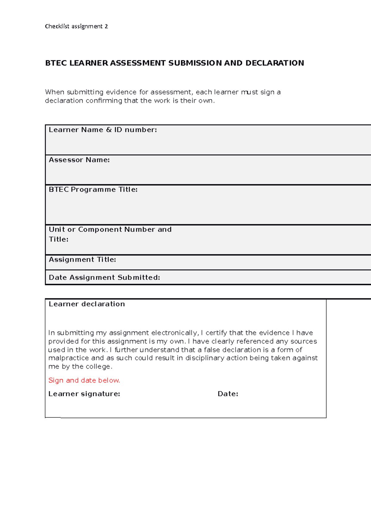 Assignment 2 Checklist Btec Learner Assessment Submission And Declaration When Submitting