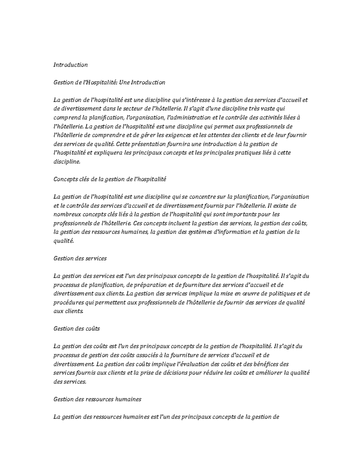 Hospitality Management Study Notes - Introduction Gestion de l ...