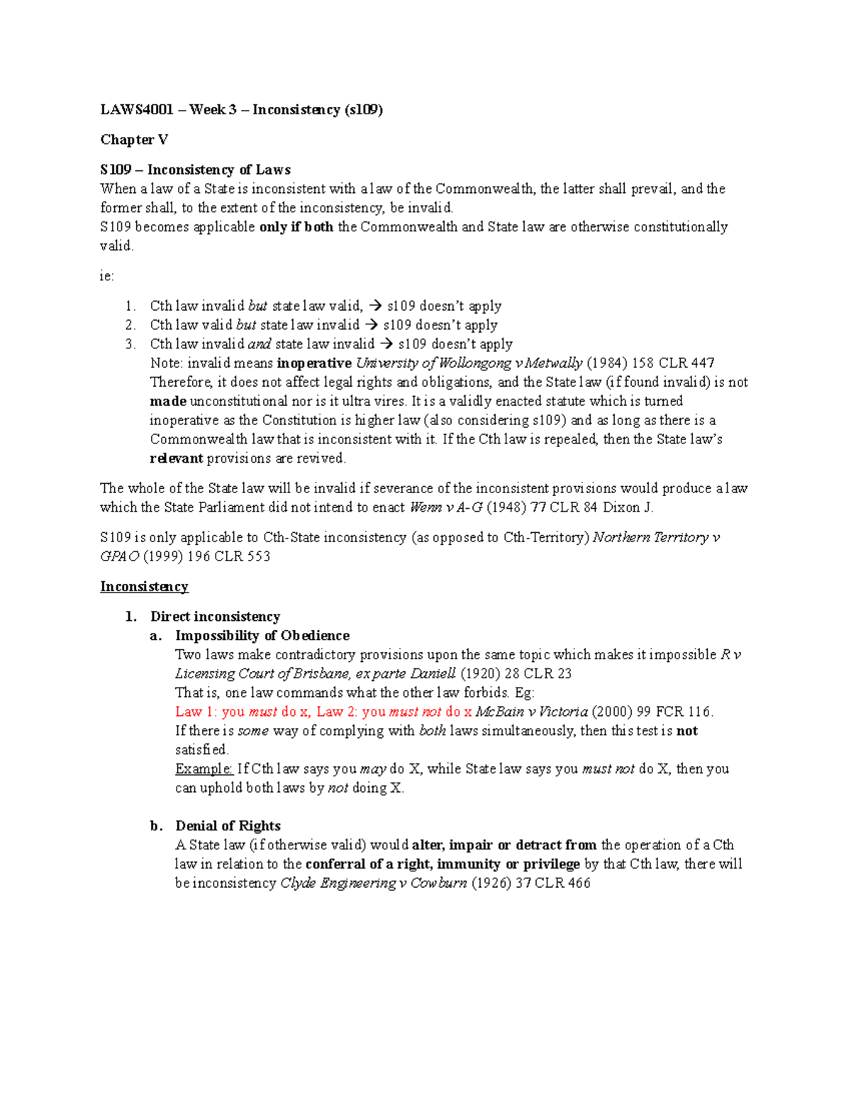 LAWS4001 - Week 3 Notes - Inconsistency (s 109) - LAWS4001 – Week 3 ...