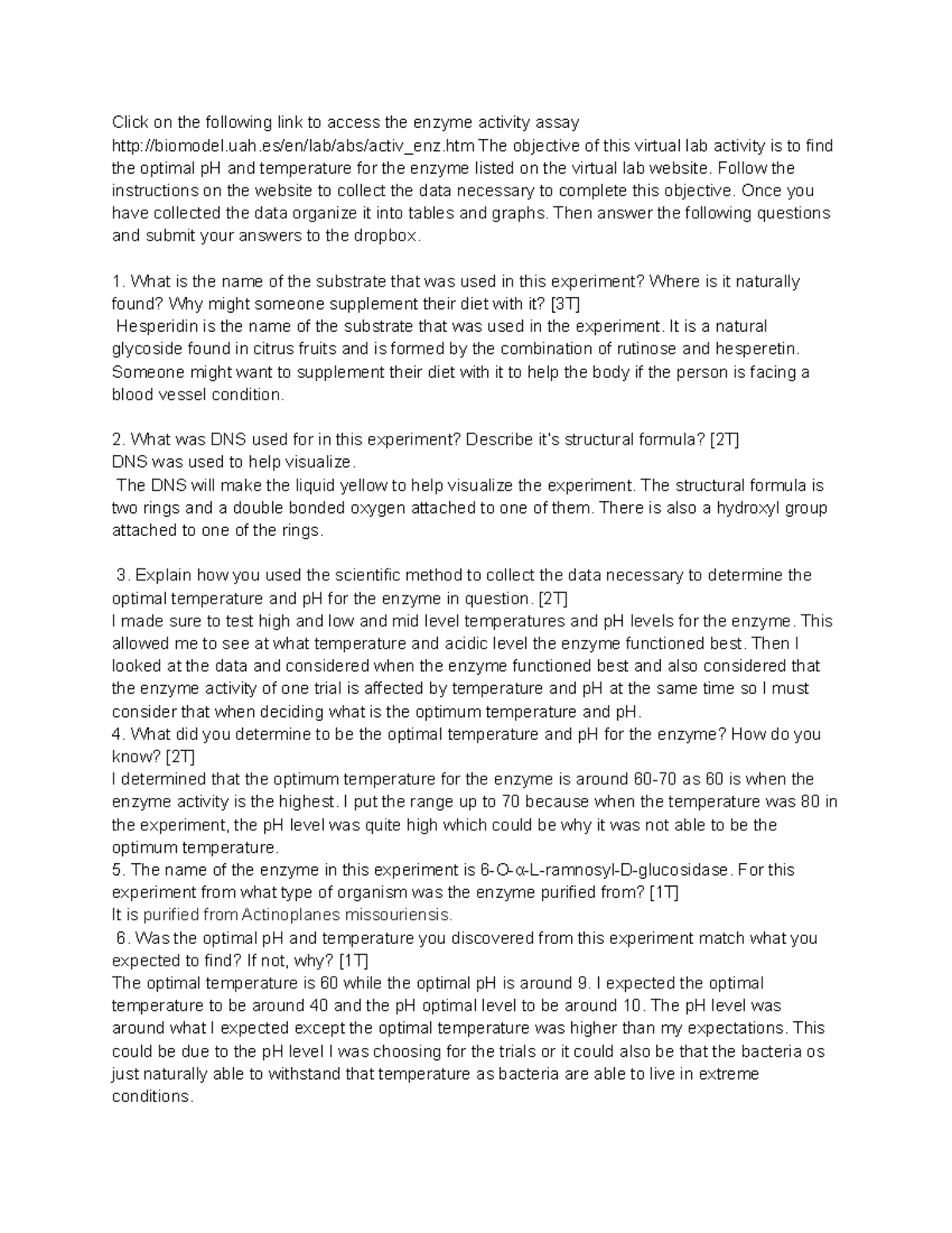 Enzyme lab Click on the following link to access the enzyme activity