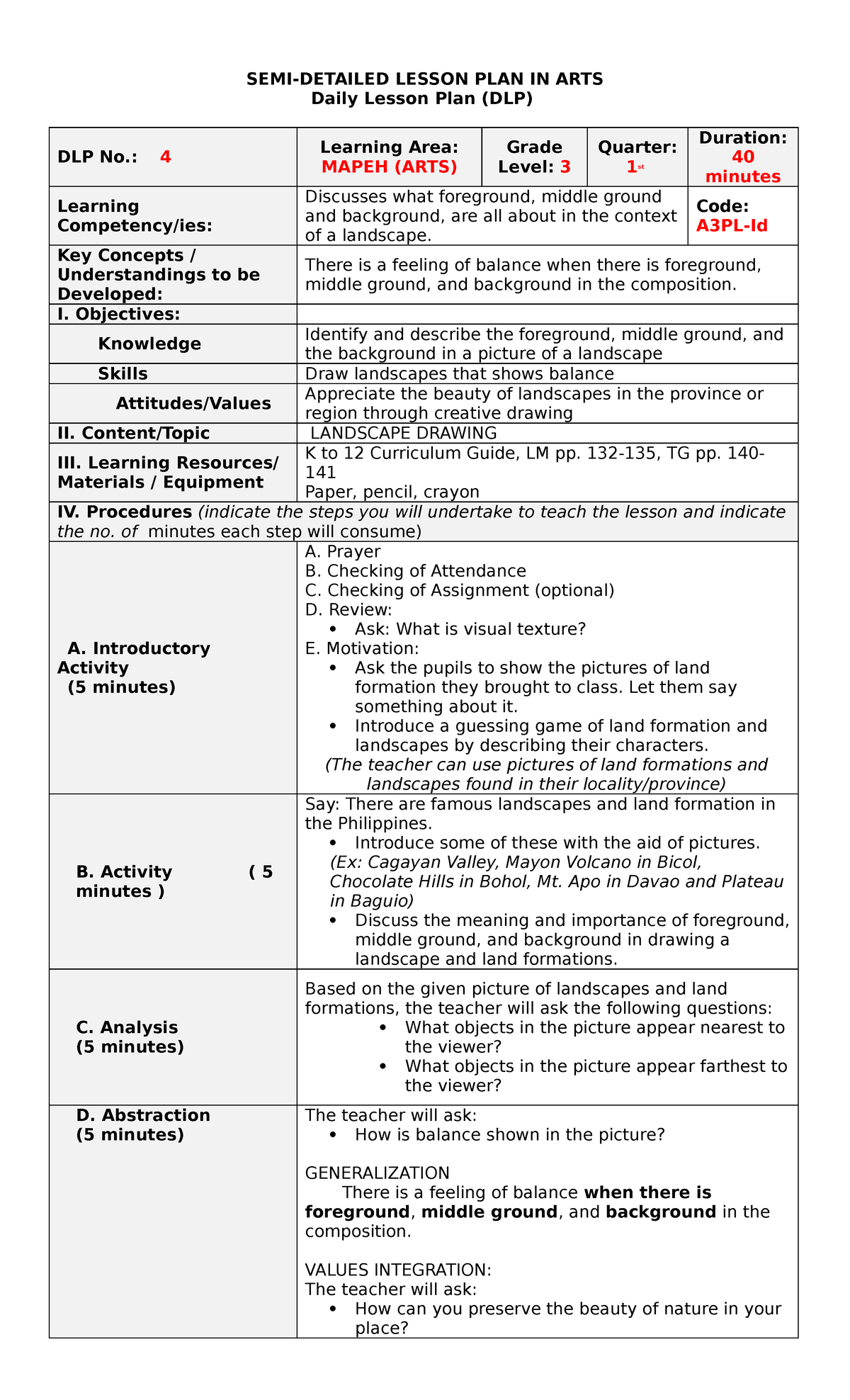 Art LESSON PLAN SEMI DETAILED LESSON PLAN IN ARTS Daily Lesson Plan 