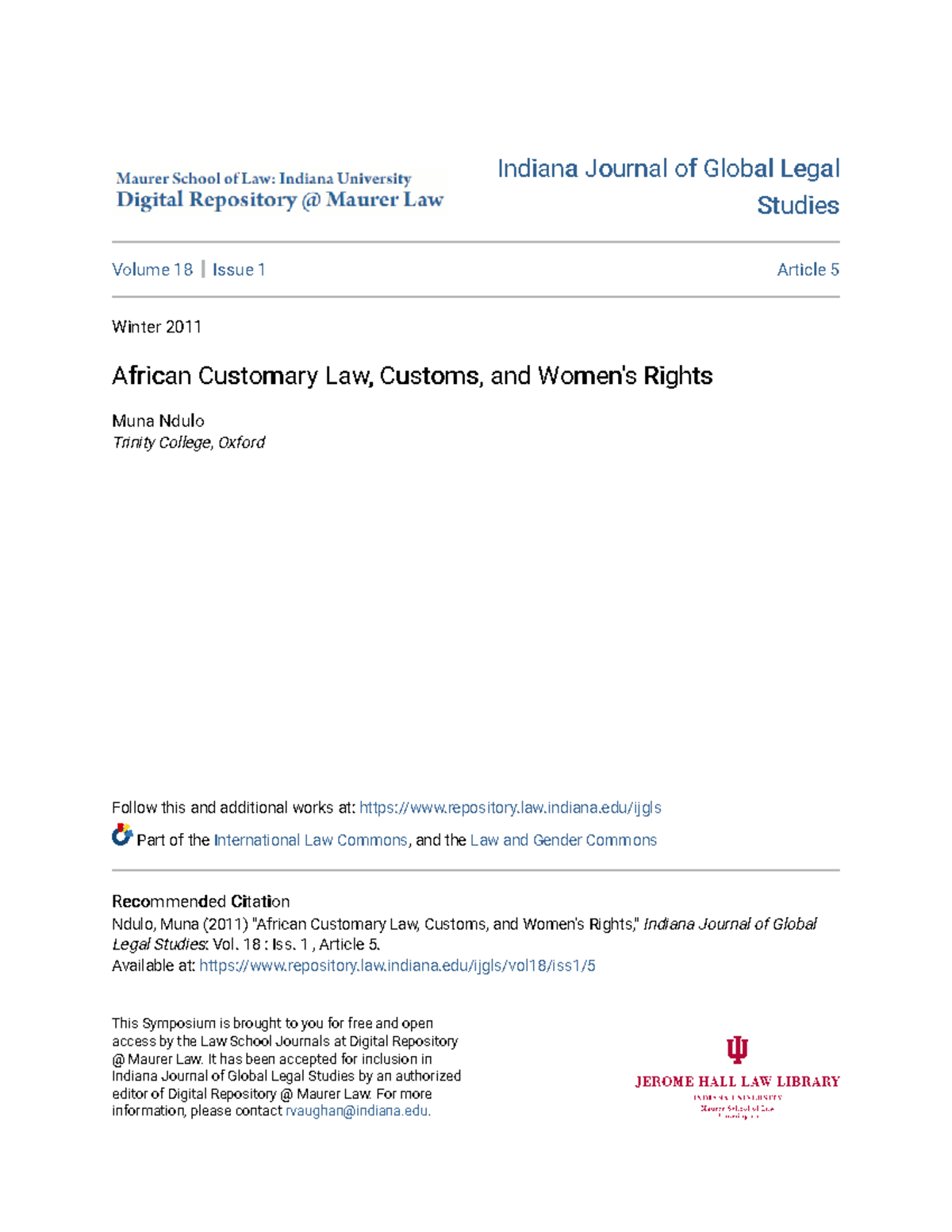 African Customary Law Customs and Womens Rights - Indiana Journal of ...