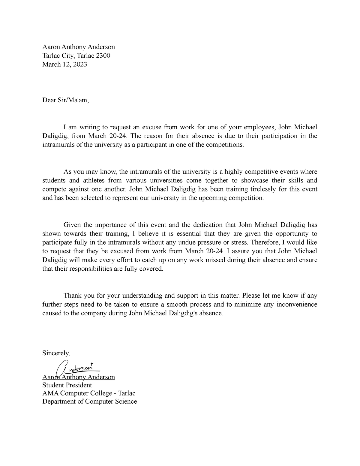 Excuse Letter for JM Daligdig - Aaron Anthony Anderson Tarlac City ...