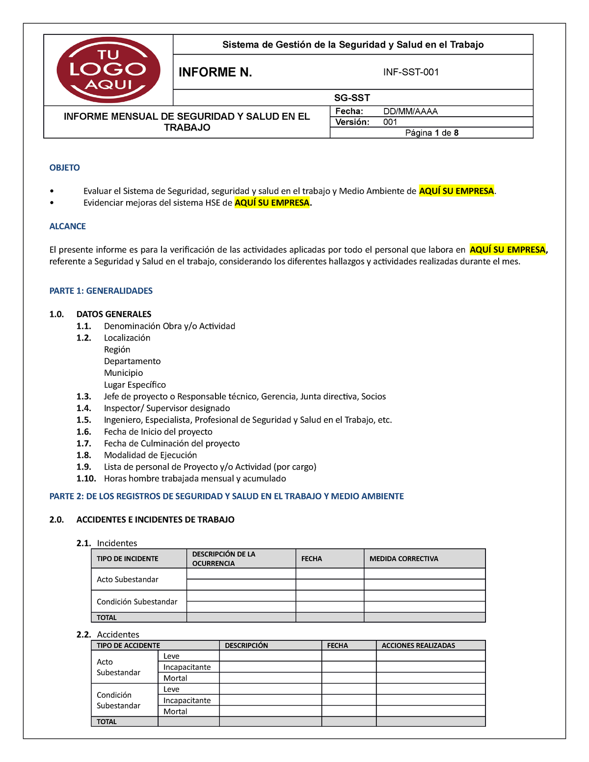 Formato Informe Mensual SST - INFORME N. INF-SST- SG-SST INFORME MENSUAL DE  SEGURIDAD Y SALUD EN EL - Studocu