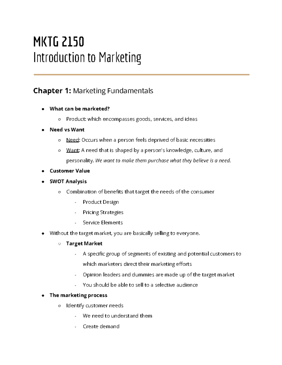 MKTG 435 - Chapter 1 Notes - MKTG 2150 Introduction To Marketing ...