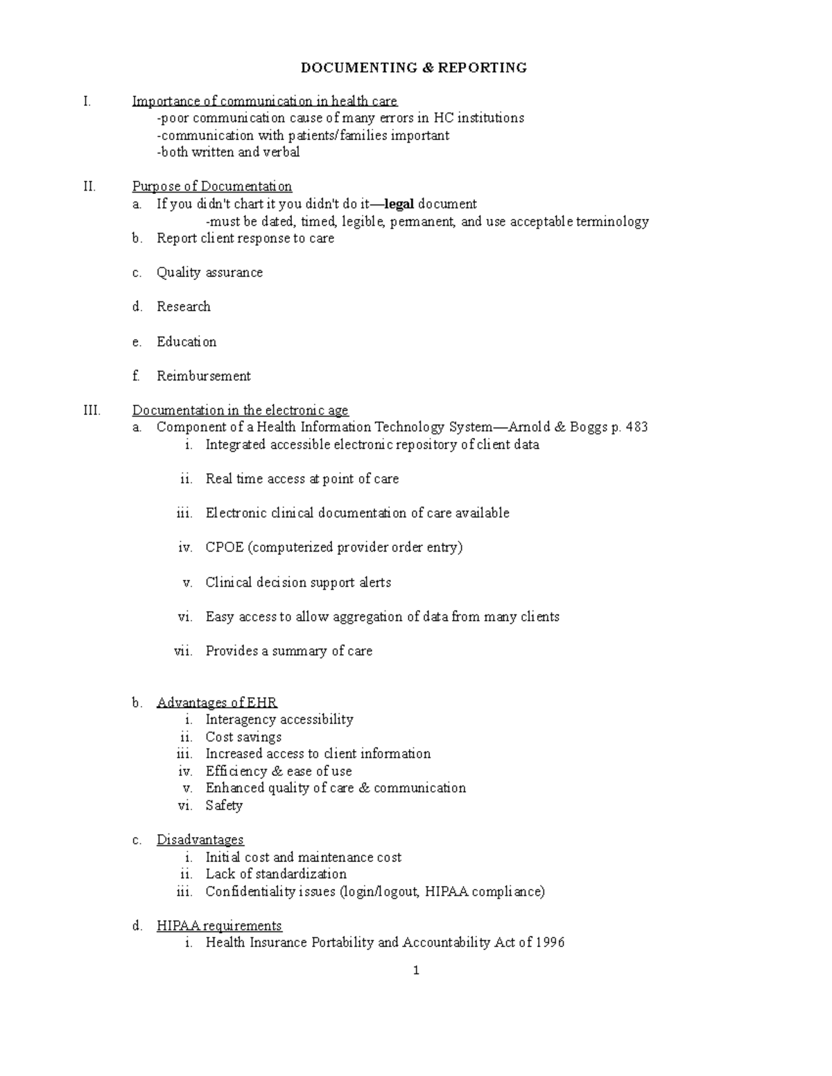 Documentation handout - DOCUMENTING & REPORTING I. Importance of ...